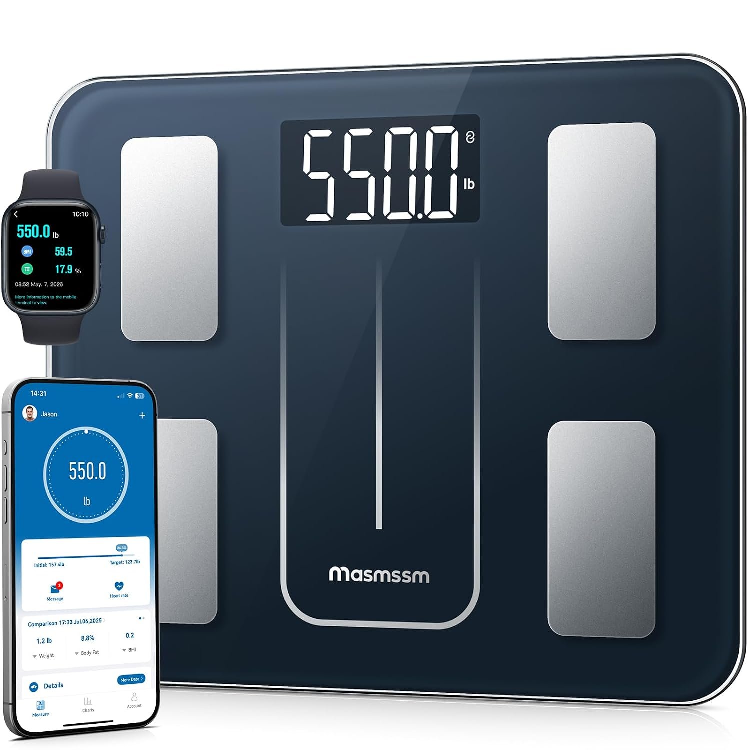Large Smart Scale for Body Weight, 550 lb Capacity, 20 Body Metrics