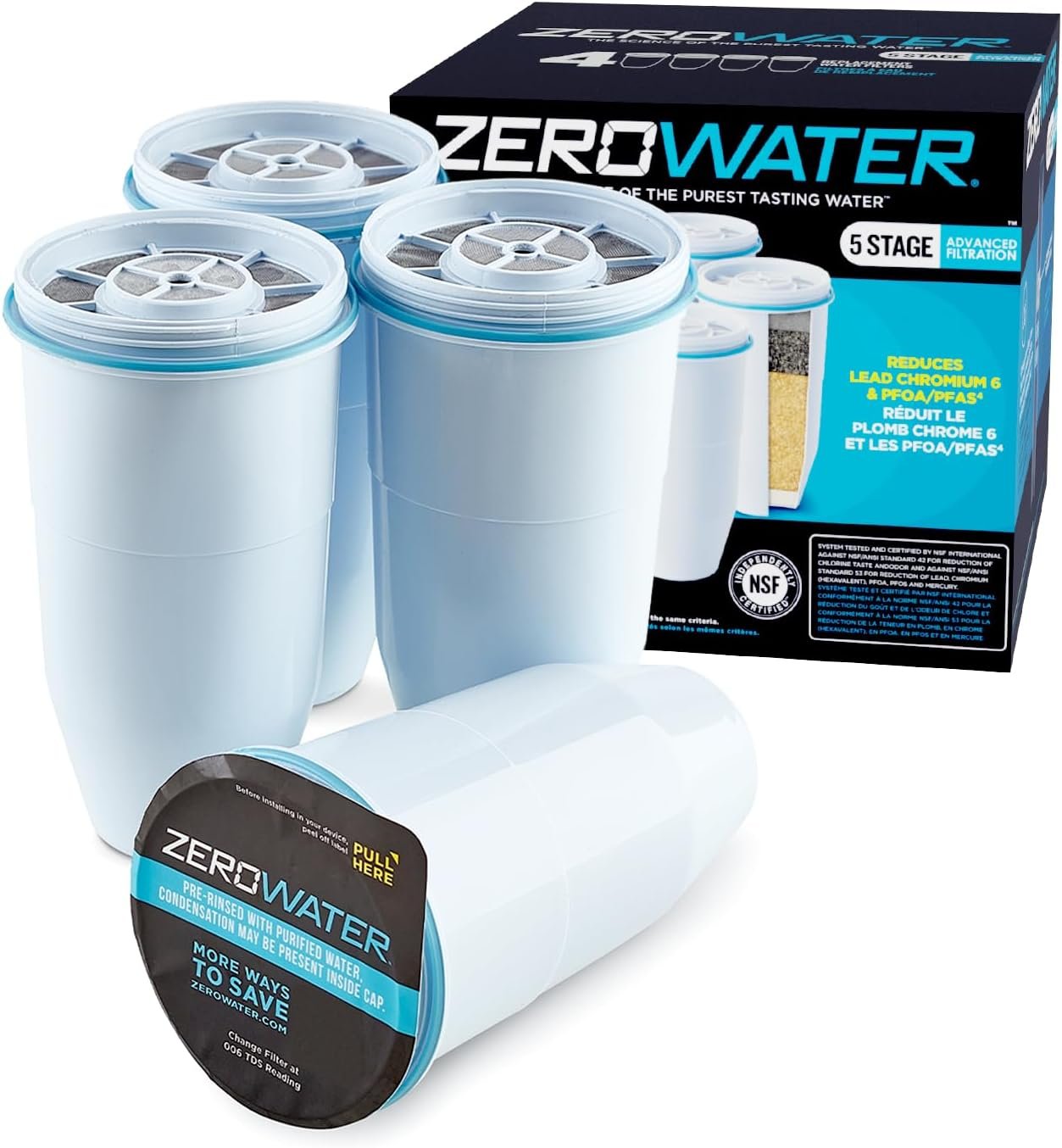 ZeroWater Official Replacement Water Filter Removes PFOA/PFOS 4-Pack​