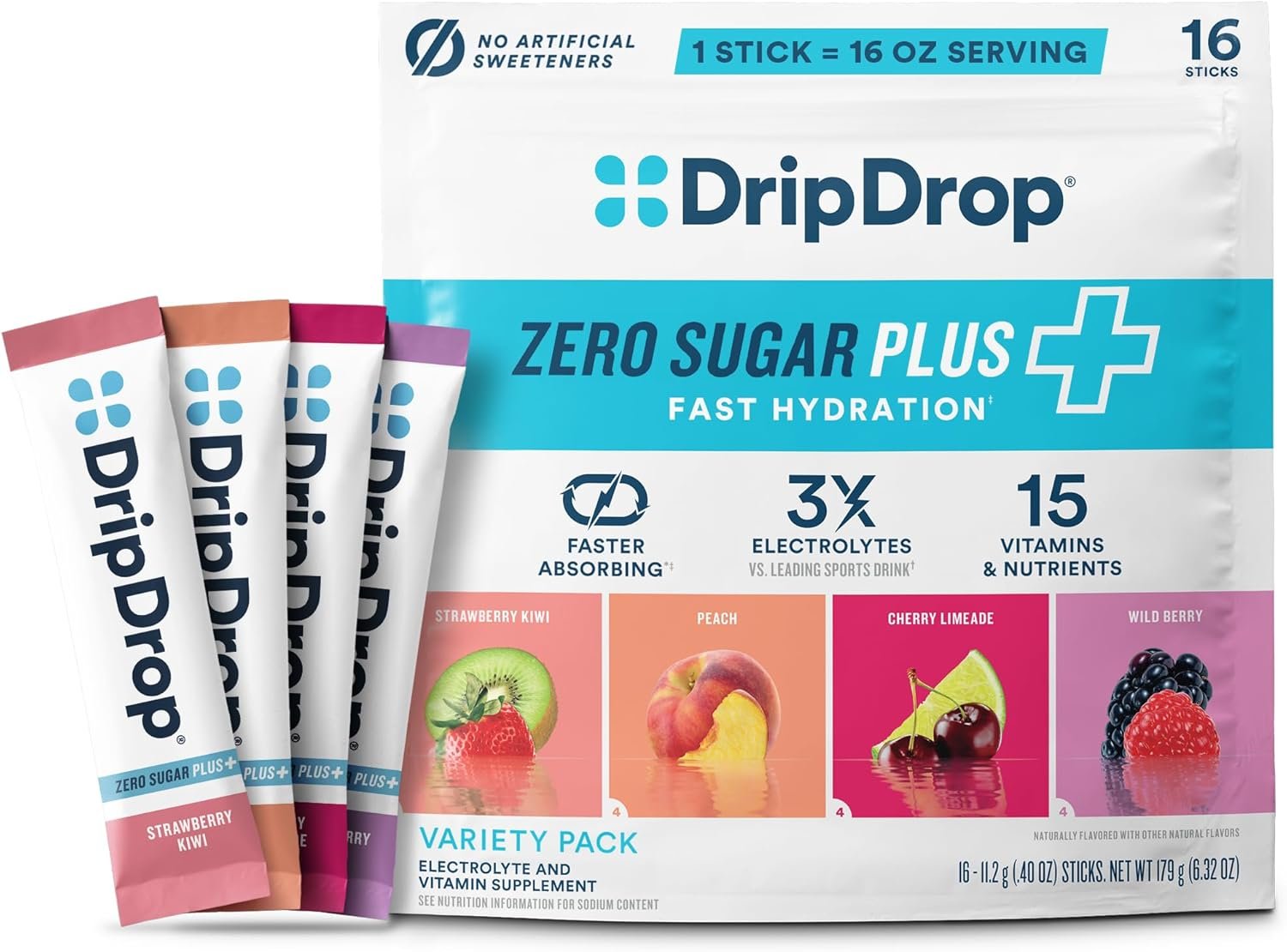 DripDrop Hydration Zero Sugar Plus Electrolyte Packets, Variety Pack, 16 Ct