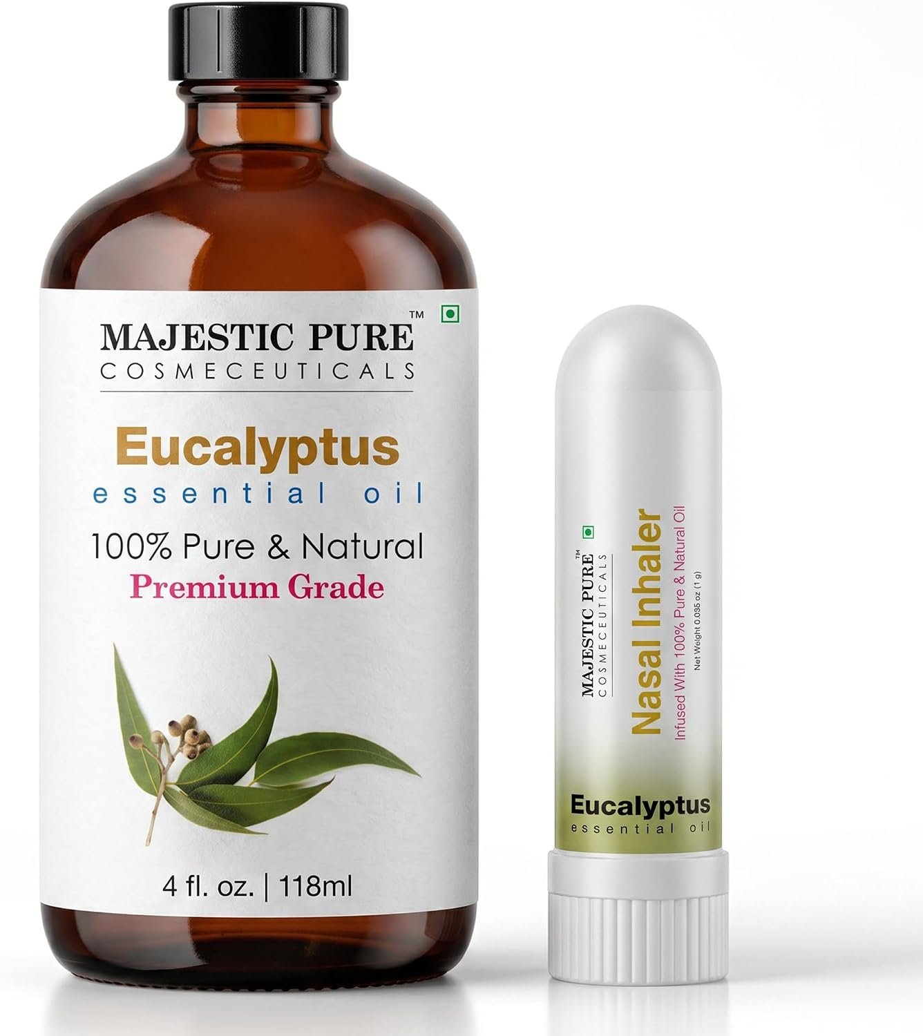 Majestic Pure Eucalyptus Essential Oil with Nasal Inhaler – 4 Fl Oz