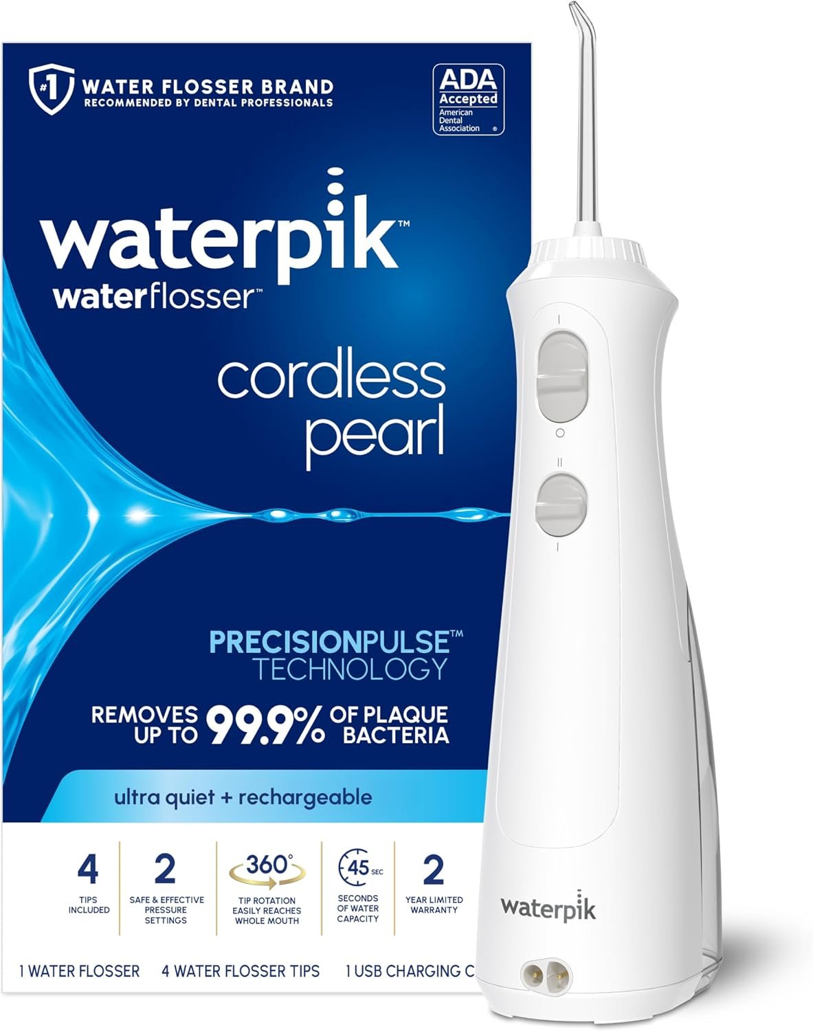 Waterpik Cordless Pearl Portable Water Flosser, Rechargeable, White