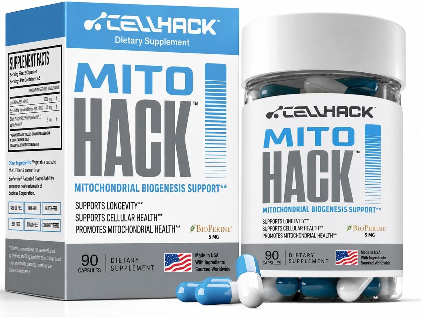 MITOHACK Urolithin A 1000mg + Spermidine 25mg Mitochondrial Formula – 90 Ct