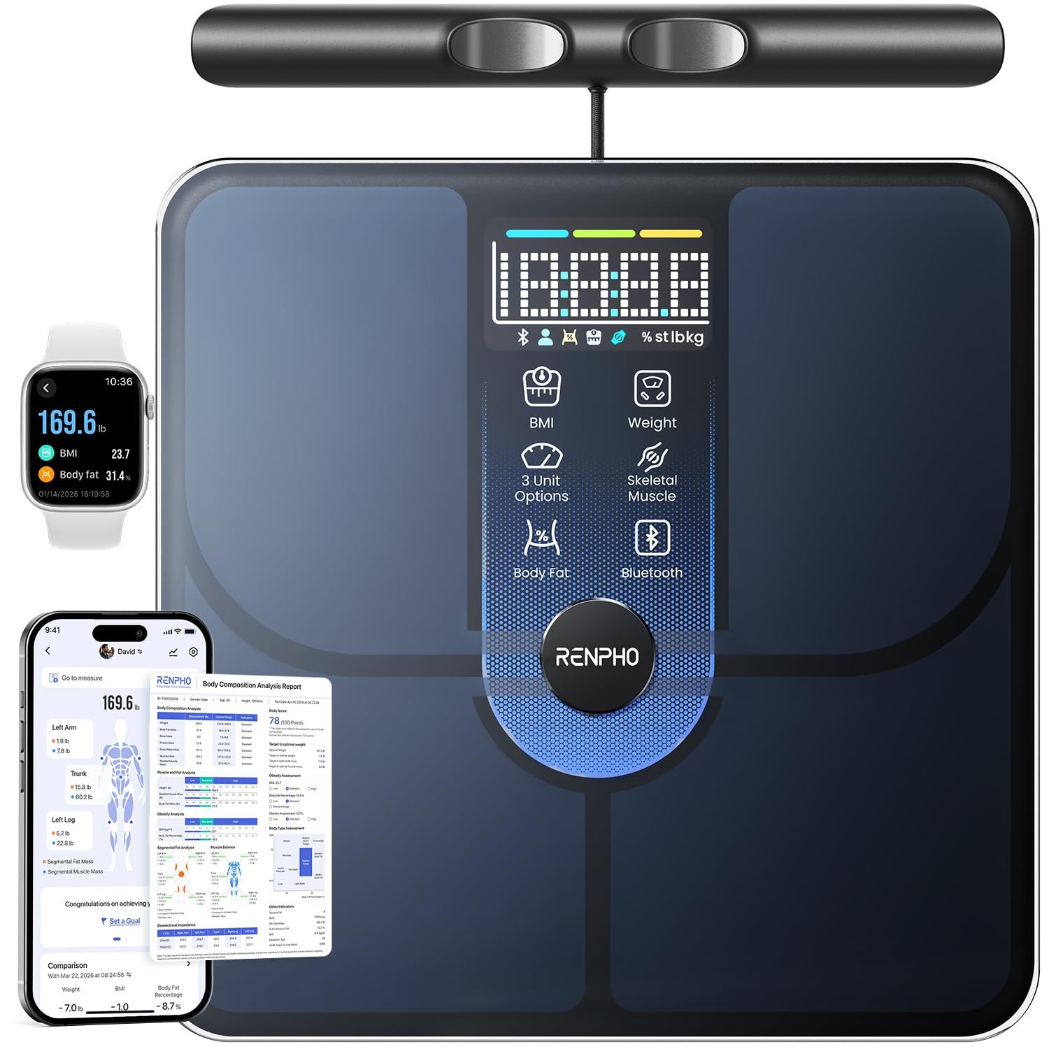 RENPHO MorphoScan Lite Body Composition Scale with Handle, Clear Display