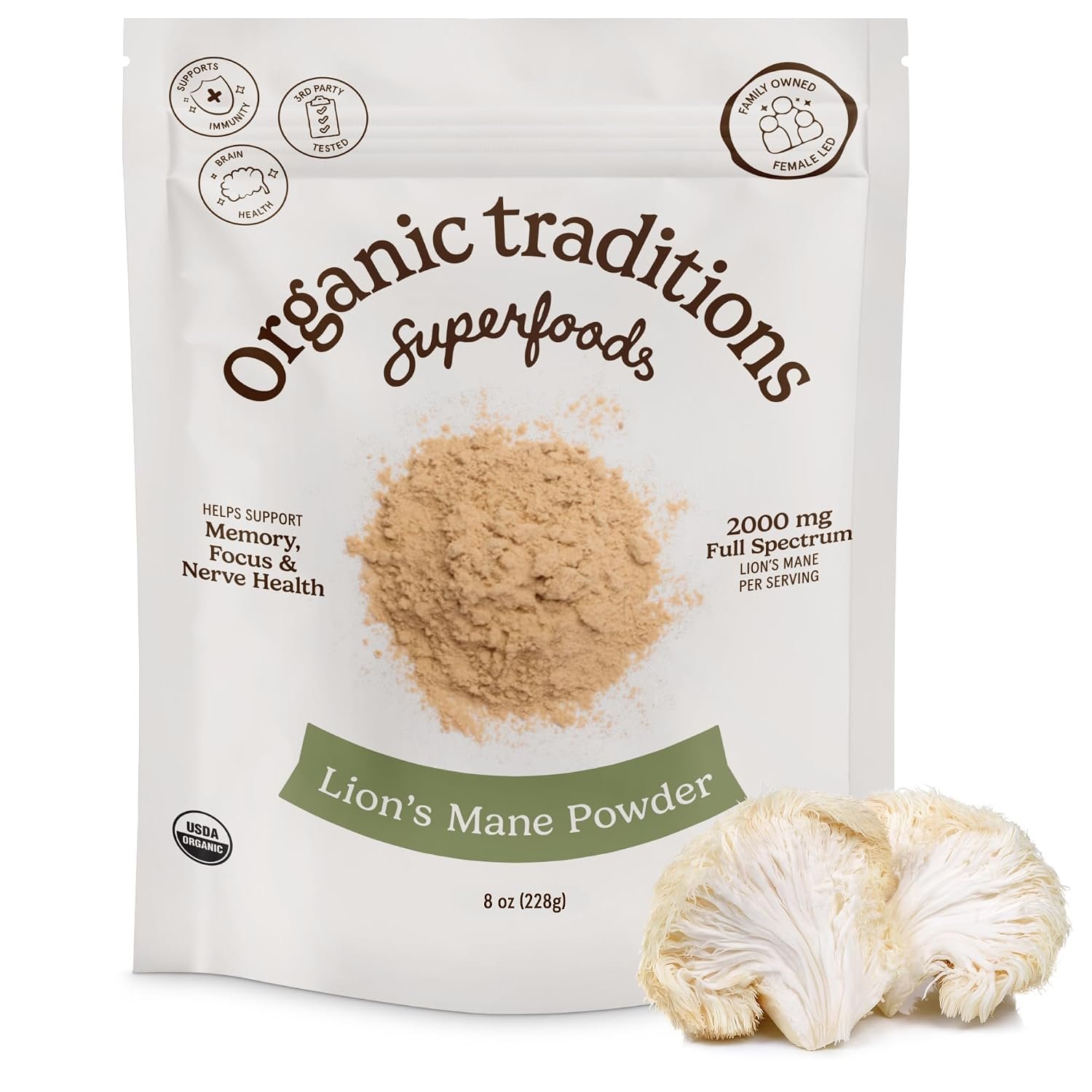 Organic Traditions Lion’s Mane Full Spectrum Mushroom Powder Superfood, 8oz