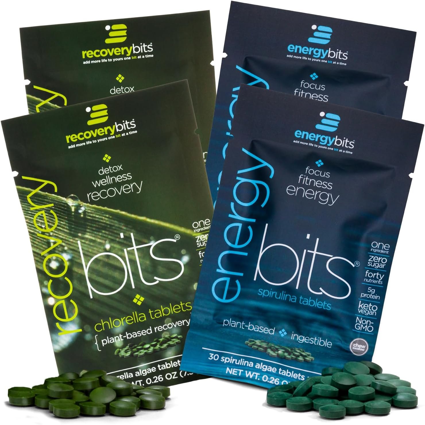 ENERGYbits/RECOVERYbits – Organic Spirulina & Chlorella Tablets – Single Serving Sample Packs – Algae Superfood – High Protein, Chlorophyll – Self Care – Vegan, Keto, Gluten Free – 4 Bags, 30/Bag