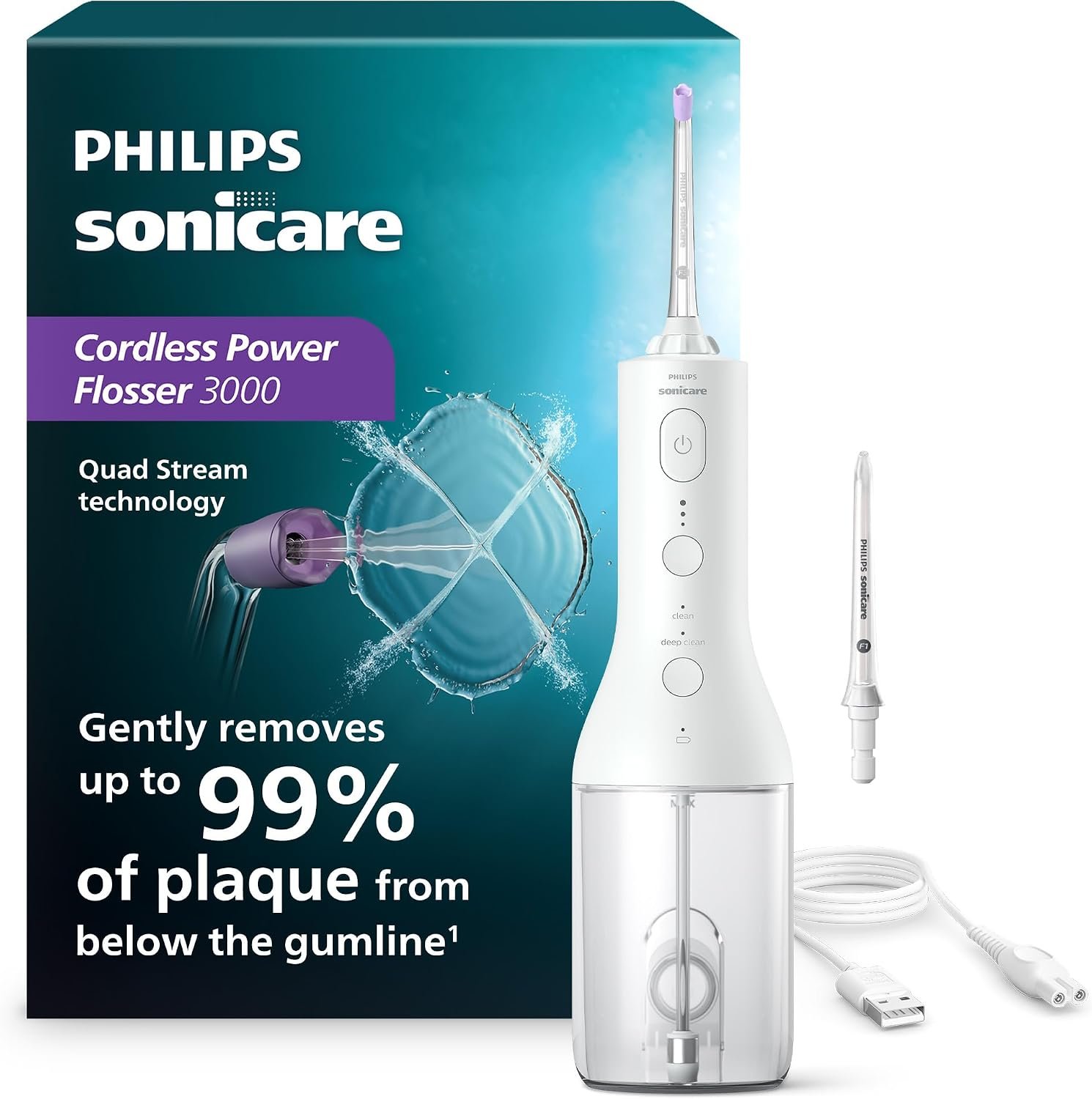 Philips Sonicare Cordless Power Flosser 3000, Water Flosser, 2 Nozzles