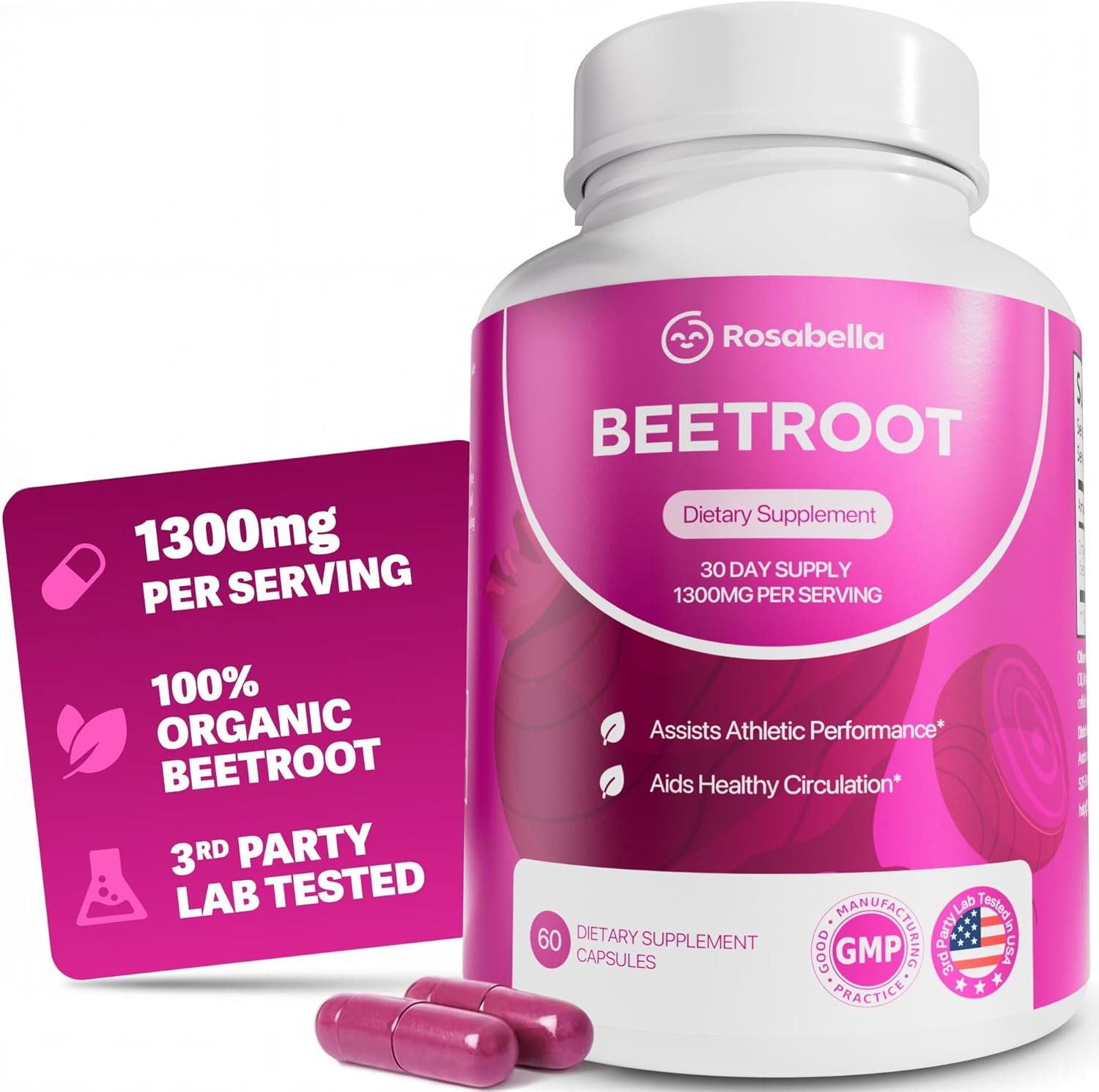 Rosabella Organic Beet Root Capsules – 1300mg Beet Root Powder Aids Healthy Circulation & Vitality, Non-GMO, Beet Root Supplement – 60 Capsules, 30-Day Supply
