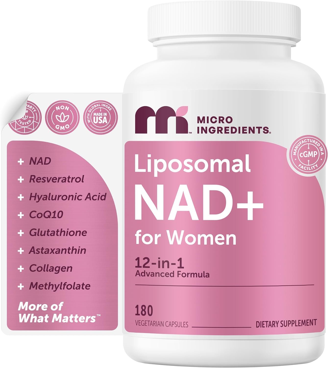 Micro Ingredients Liposomal NAD+ for Women Complex, 180 Veggie Capsules | NMN Pathway Supplement | 12-in-1 Advanced NAD Formula with Resveratrol, Hyaluronic Acid, Glutathione, & Collagen