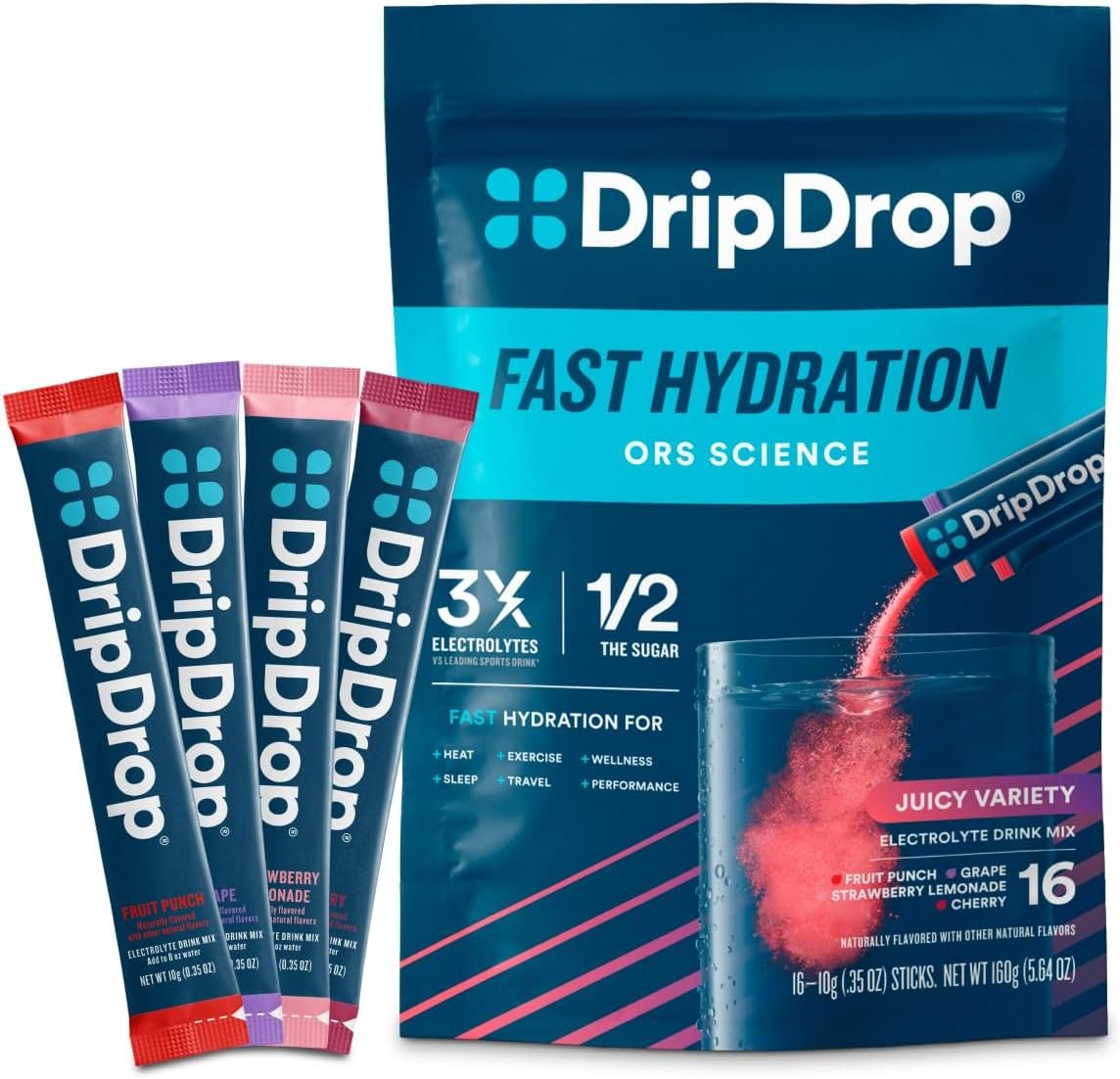 DripDrop Hydration Juicy Variety Pack, Electrolyte Packets, 16 Count