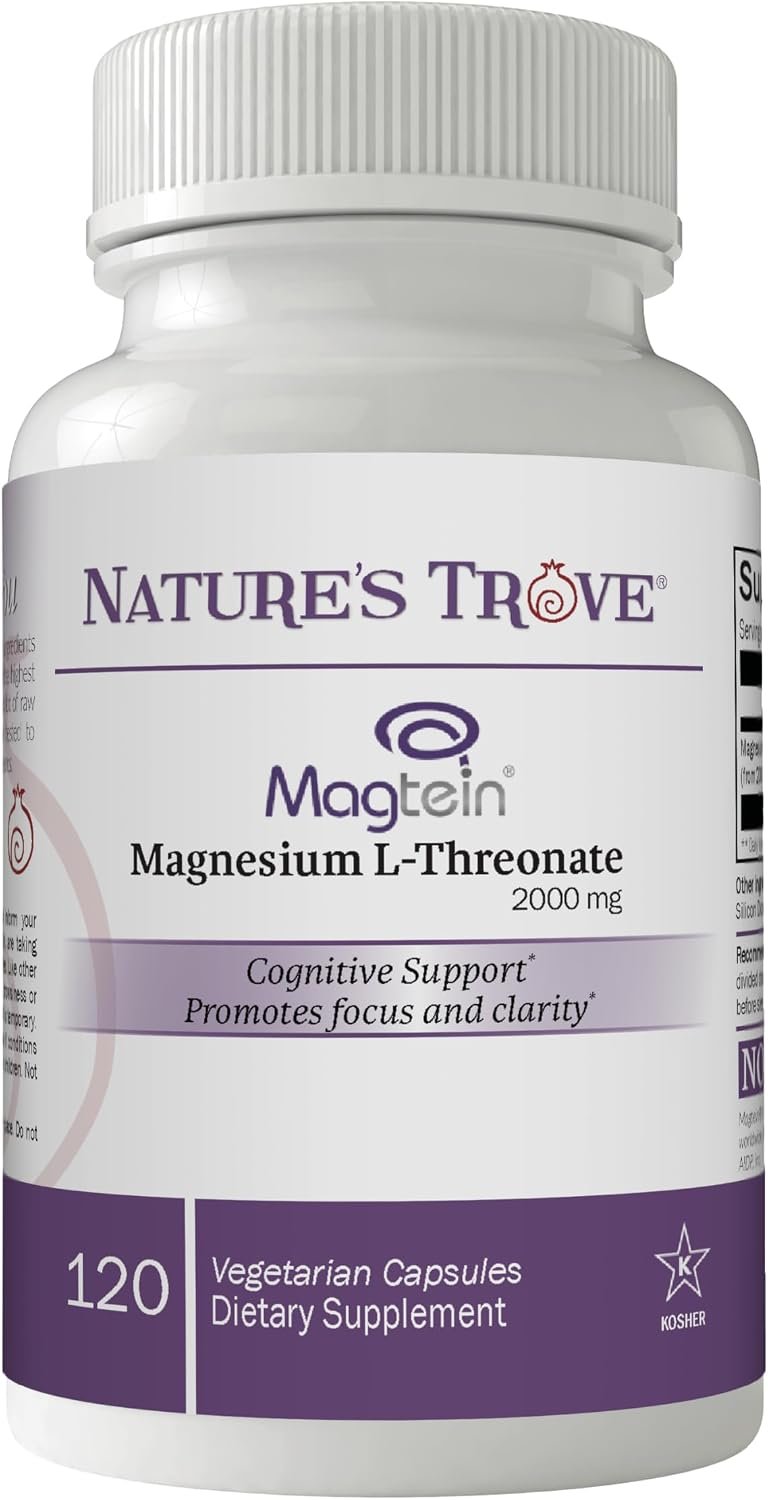 Magtein Magnesium L-Threonate Supplement – 2000 Mg L-Threonate Magnesium Supplement for Sleep, Calm, Memory, & Brain Fog – Non-GMO Magtein – 120 Vegetarian Capsules by Nature’s Trove