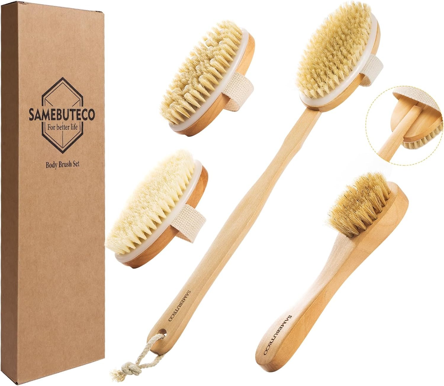 SAMEBUTECO 4-in-1 Wood Dry Brush Set with Long Handle, Boar Bristle
