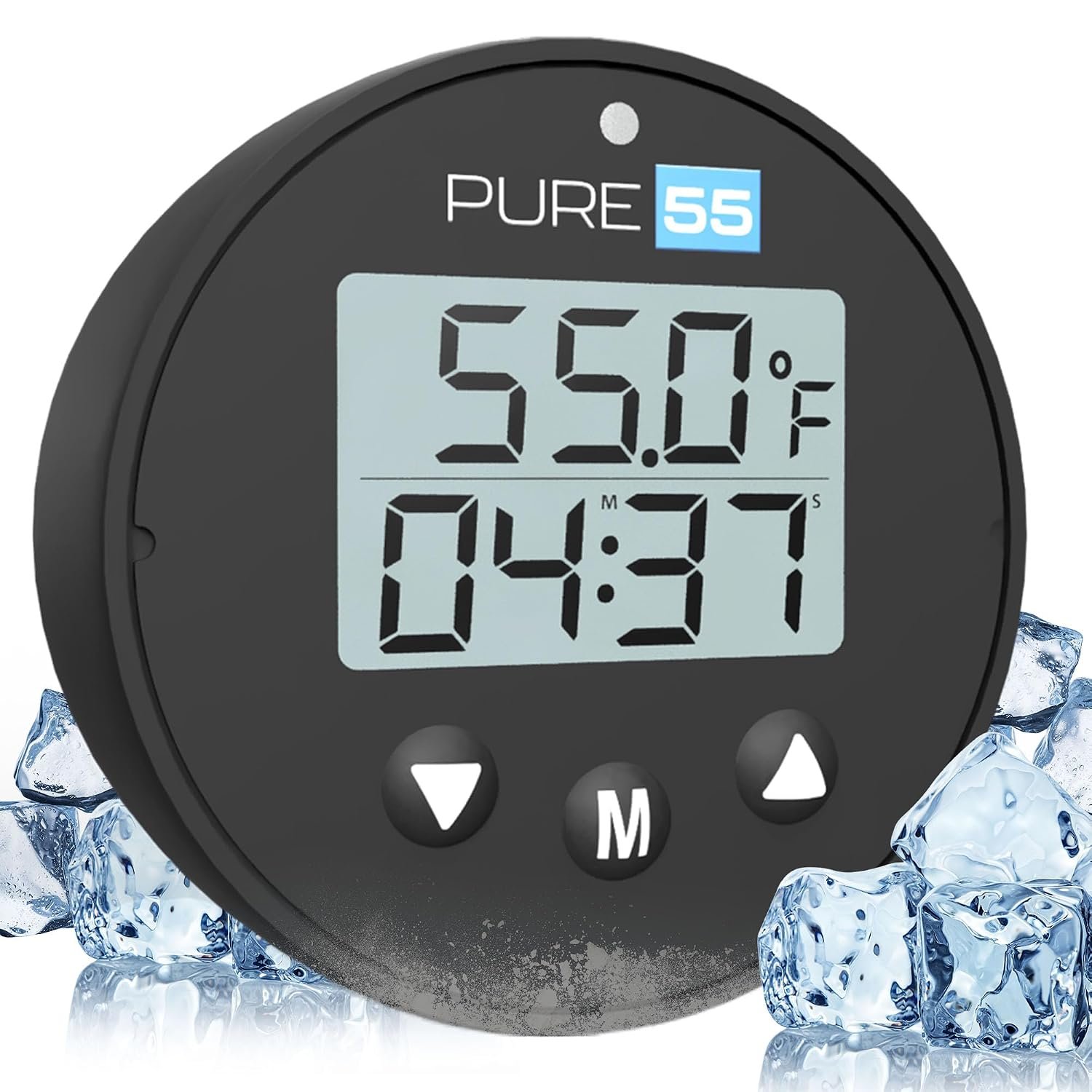Pure55 PlungeGauge 3-in-1 Cold Plunge Thermometer with Clock & Timer – Ice Bath Water Thermometer with Easy 3-Button Control – Floating Design & IPX7 Waterproof with Audible Beep & LED Indicators