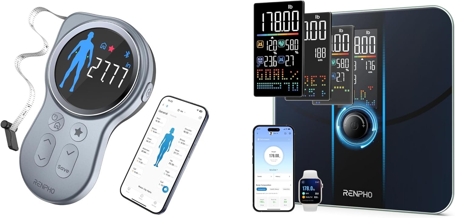 RENPHO Smart Scale for Body Weight, Body Fat Scale for BMI, Body Fat, Muscle Mass, RENPHO Smart Tape Measure with Large Display, Bluetooth Body Measuring Tape with App for Weight Loss