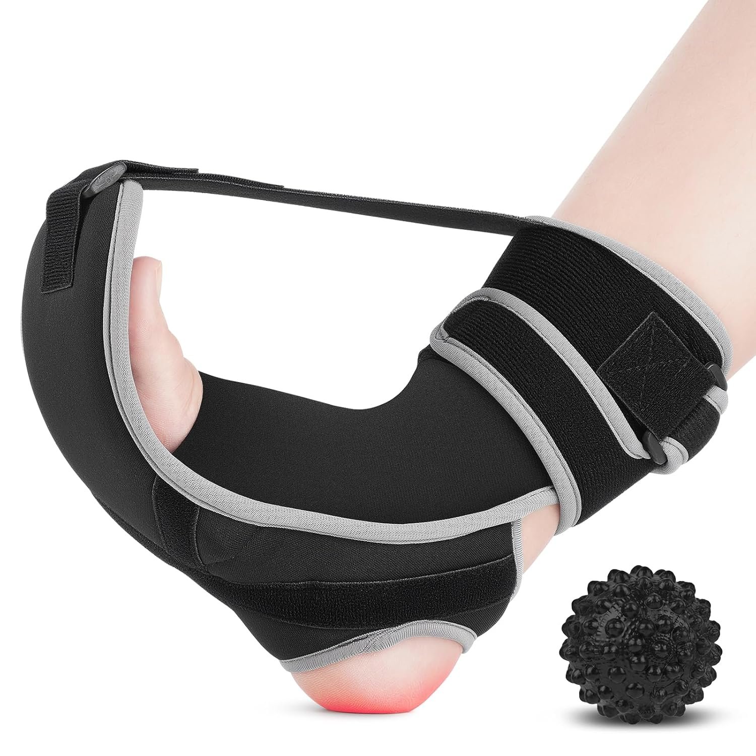 Plantar Fasciitis Night Splint with Massage Ball, Extended Rigid Plate for Deep Stretch, Comfortable Heel Cutout Dual Non-Slip Straps for Secure Fit, Foot Brace for Heel Pain Achilles Tendonitis Black Medium