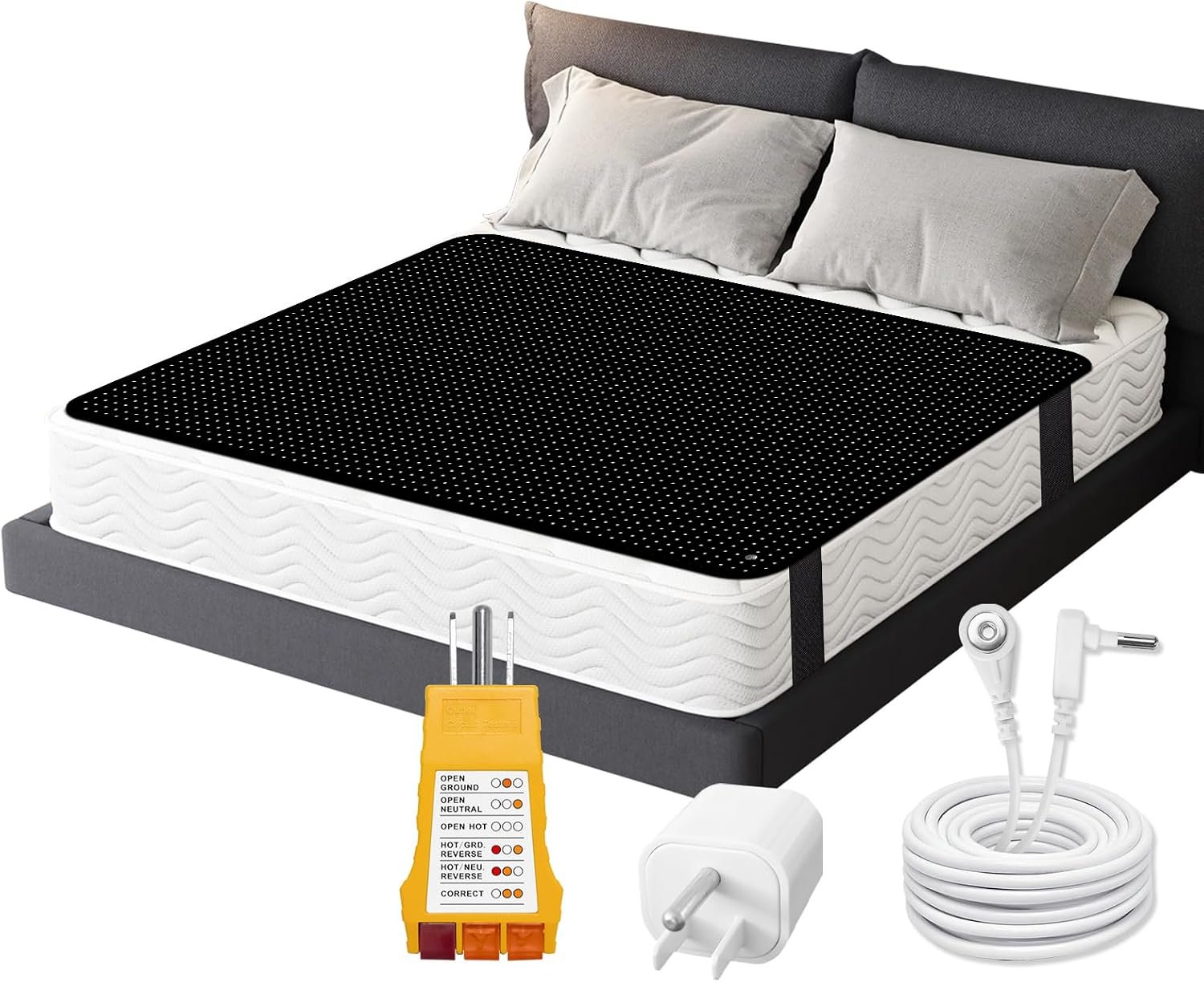 Grounding Mat for Bed, Conductive Carbon Fiber PU Leather Grounding Mattress Pad 54″x78″ with Outlet Tester,Adapter,Cord