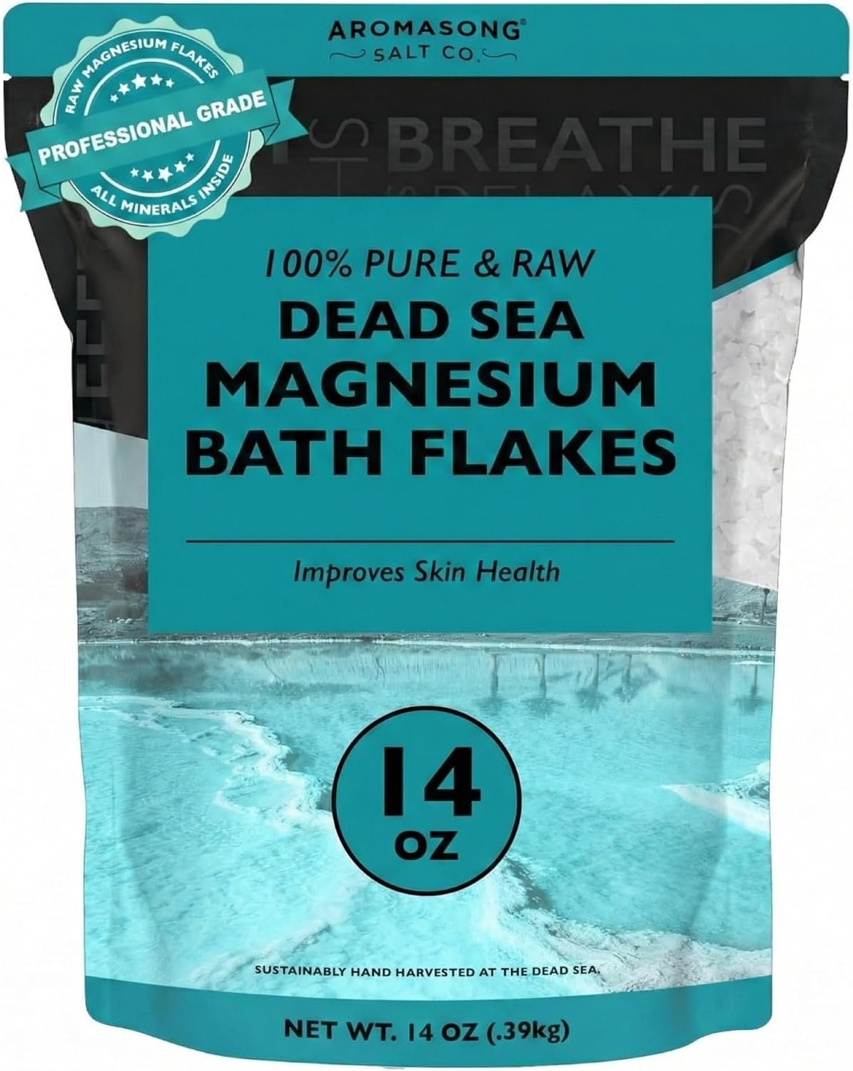 Aromasong Dead Sea Magnesium Flakes for Bath – 16,325 Mg Magnesium Chloride per Bath – Superior Alternative to Epsom Salt – Used as Muscle & Foot Soak – 14 oz Bag