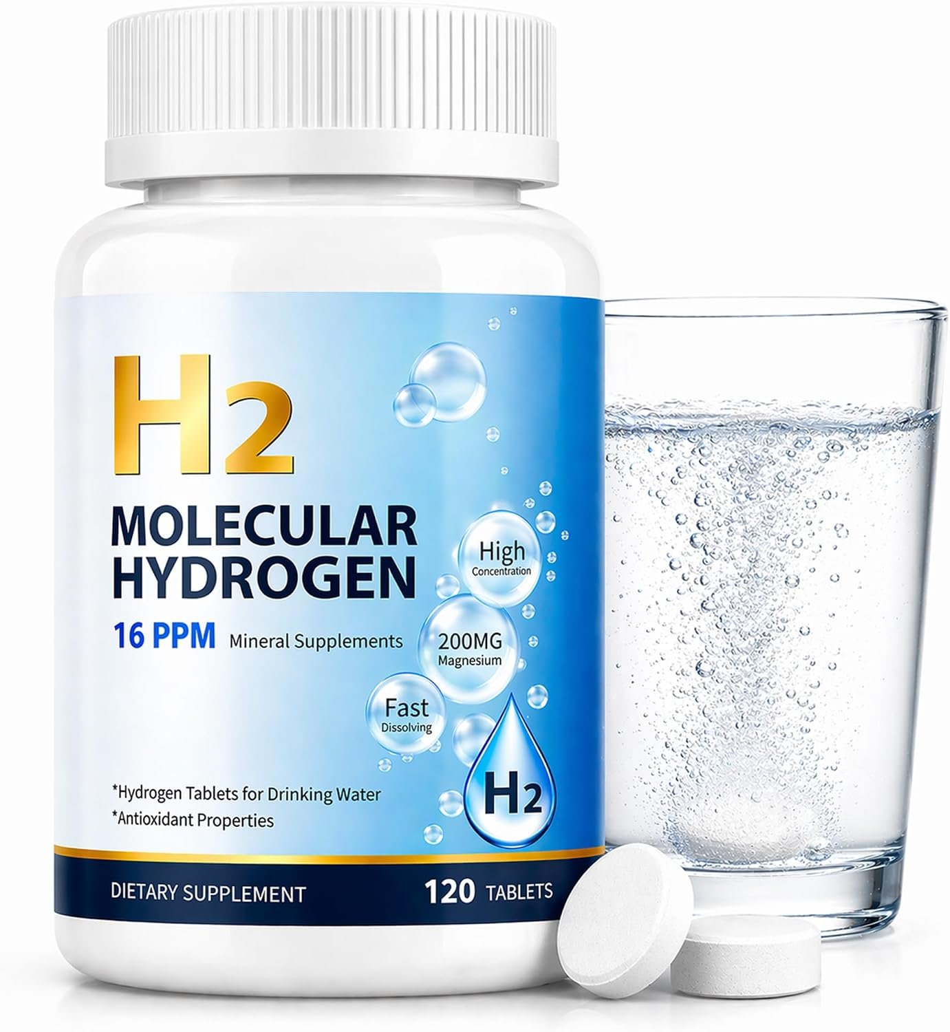 16 PPM Molecular Hydrogen Water Tablets with Magnesium, Fast-Dissolving Hydrogen Tablets for Drinking Water, Antioxidant and Cellular Health Support, Non-GMO, Gluten Free & Vegan – 120 Tablets