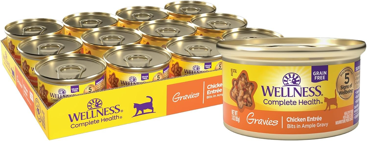 Wellness Complete Health Gravies Adult Canned Wet Cat Food, Natural, Protein Rich, Grain Free, Chicken Entrée Recipe, 3 oz, Pack of 12 Cans