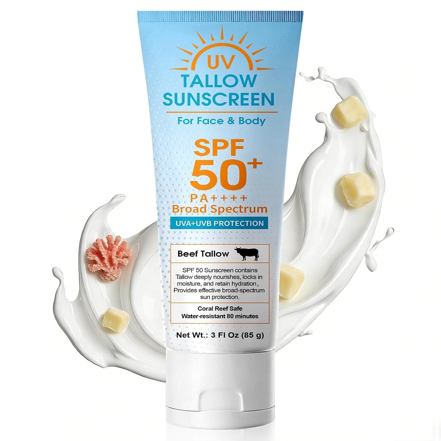 Beef Tallow Sunscreen, Broad Spectrum Mineral Lotion with Non-Nano Zinc Oxide – No White Cast, Non-Greasy, Reef-Safe & Water-Resistant for Sensitive Skin (3 Fl Oz)