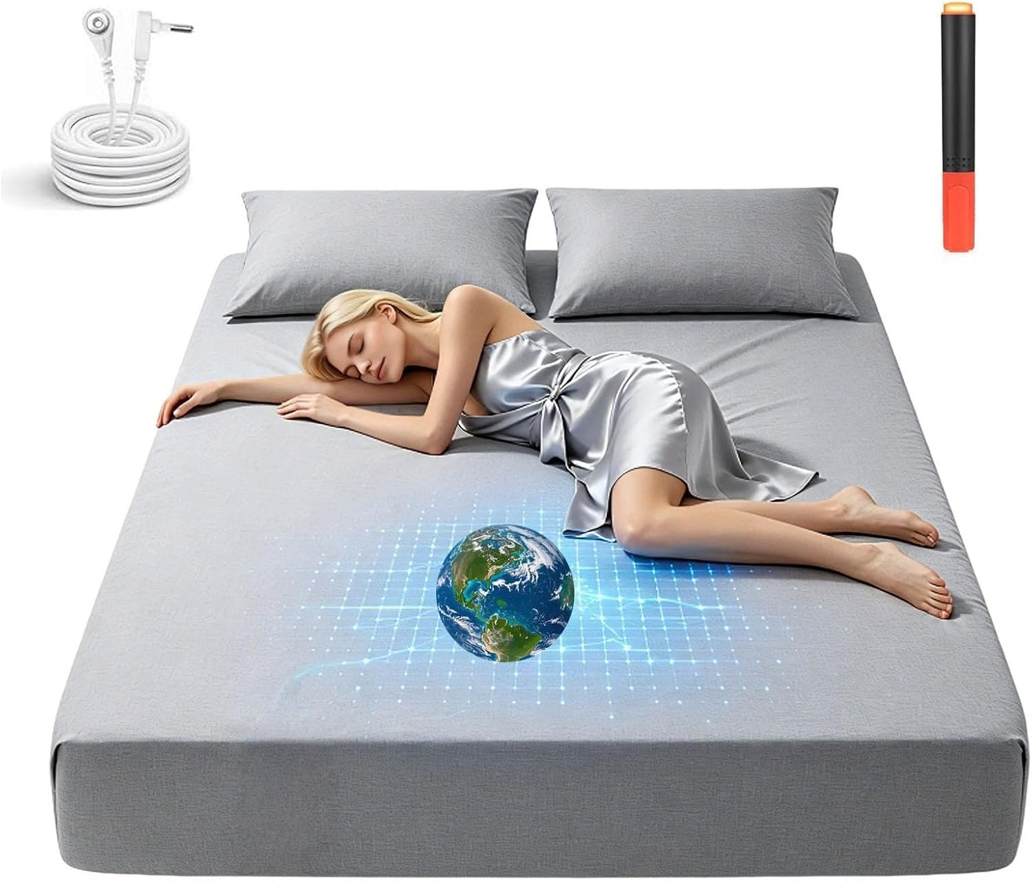 Grounding Sheets Queen Size, 20% Pure Silver Fiber + 80% Organic Cotton, Grounded Sheet Earth Connected Bedding Fitted Earth Sheets with Grounding Cord