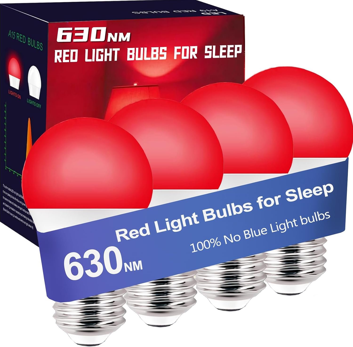 630nm Red Light Bulbs for Sleep Dimmable, 100% Blue Light Blocking, Sleep Light for Melatonin Promoting, A15 E26 5W(40W Equivalent) Dim Light Bulbs for Bedroom, Baby Nursery,4-Pack