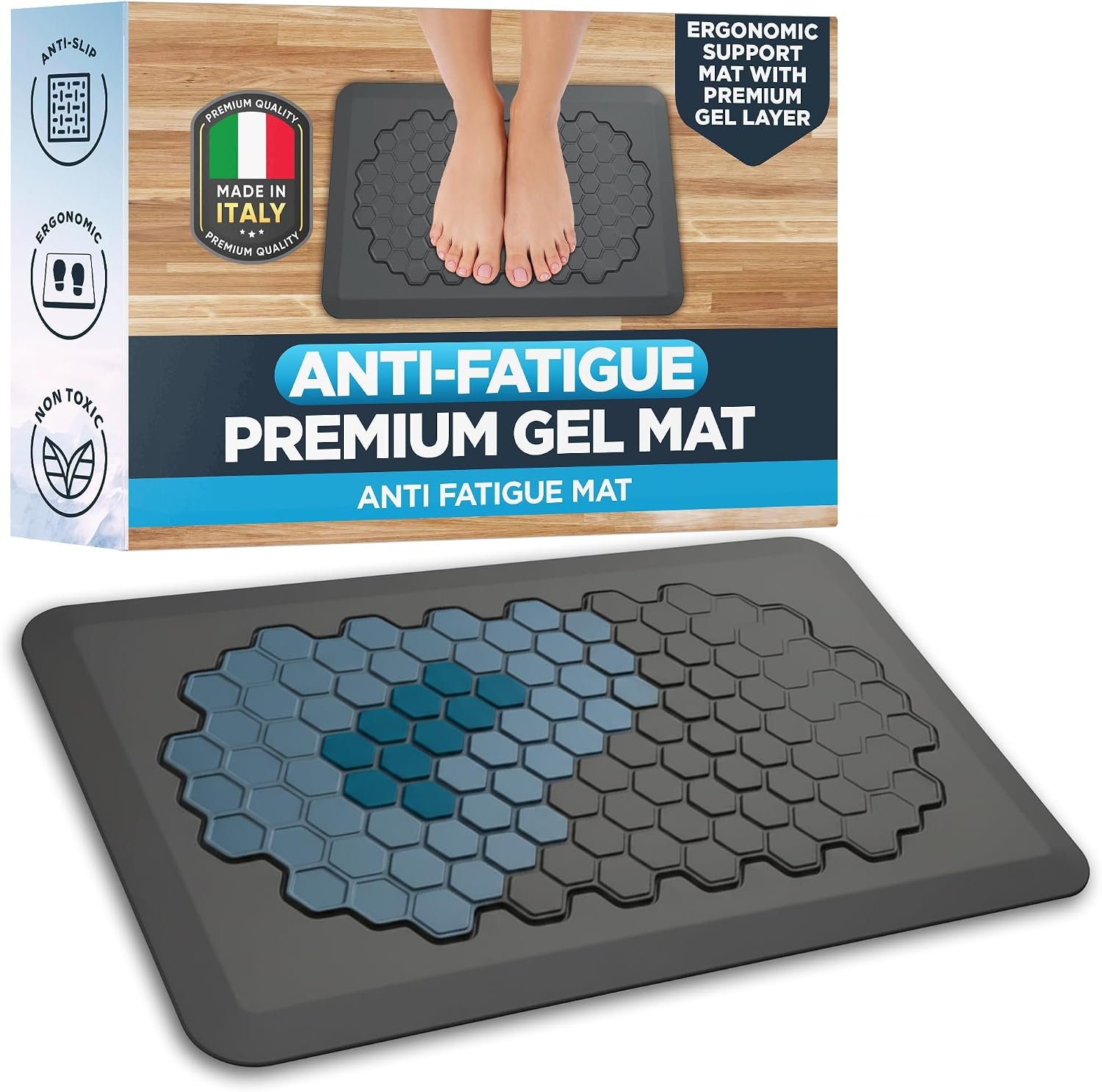 Technogel Comfort Ergonomic Cushion Gel Grip – Comfort Anti-Fatigue Stand Mat with Premium Gel Layer, 31×19.5×0.8 inch, Ebony Slip-Resistant Surface for Cooking Area, Workspace, Elevated Workstation
