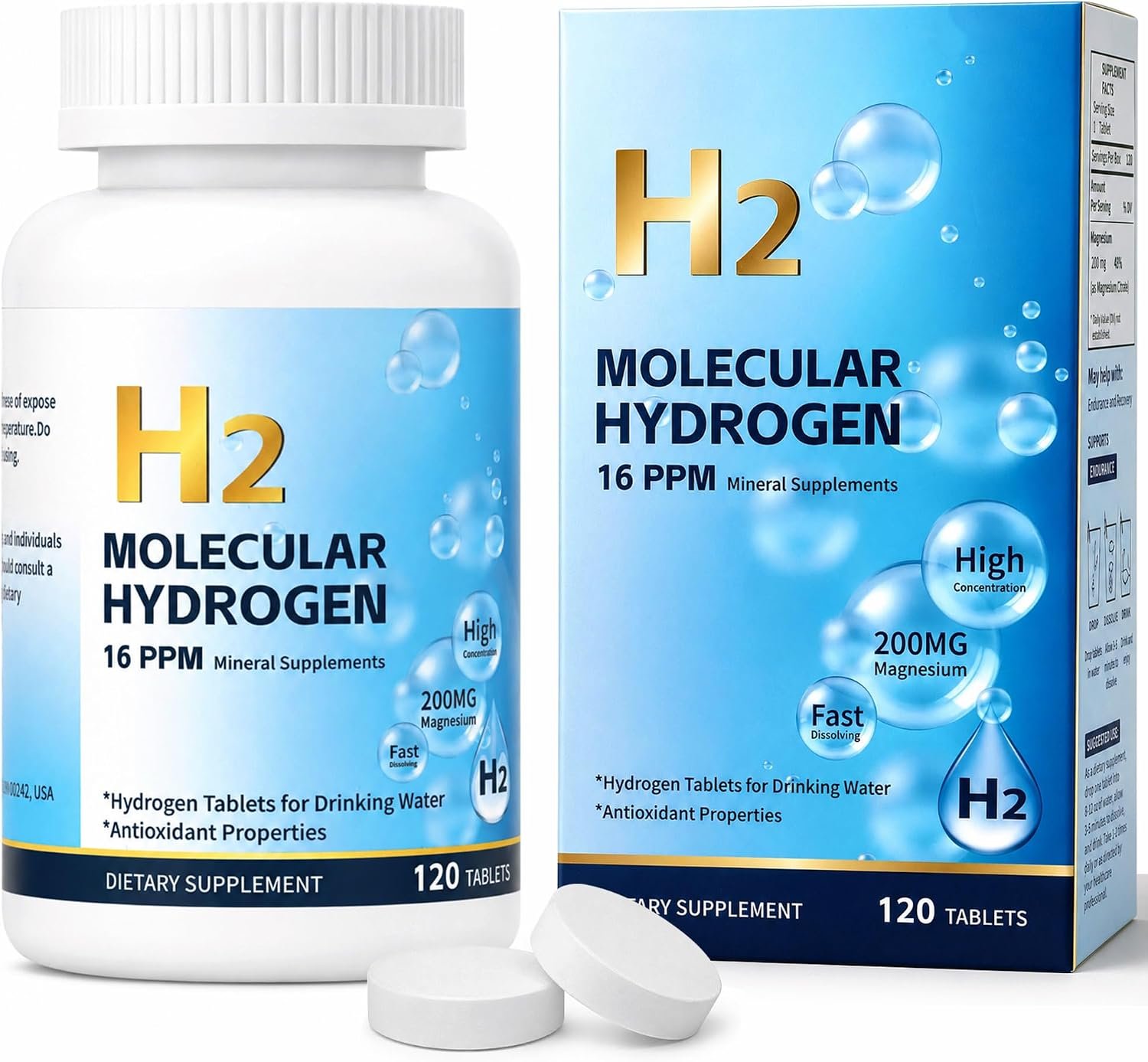 Hydrogen Water Tablets, 16 PPM Molecular Hydrogen, Fast Dissolve Unflavored H2 Tablets, 120 Count, 1 Bottle