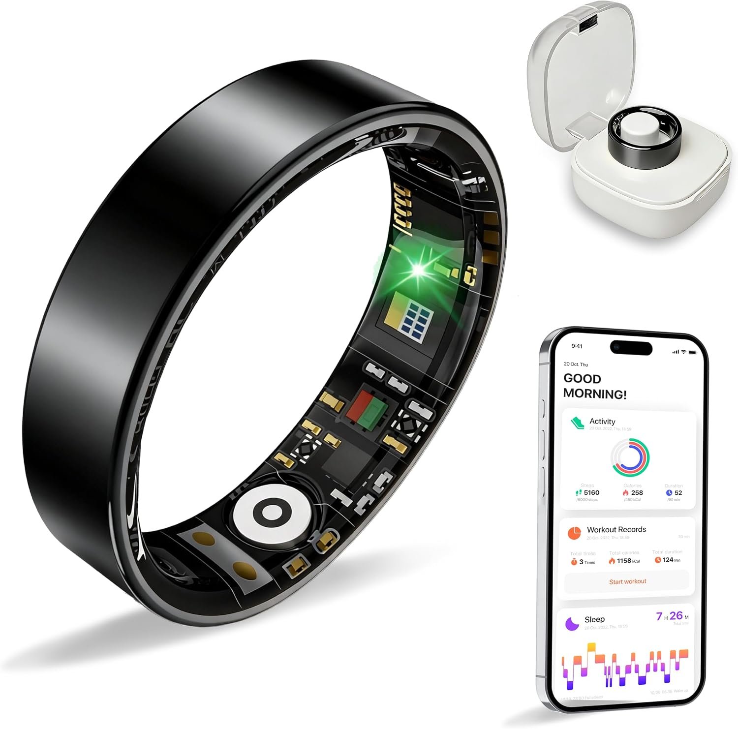BIEMHA Women Men Smart Ring Health Tracker, Sleep Exercise Health Monitoring Wearable Device, IP68 Waterproof, iOS/Android Compatible, No Subscription Required, 5‑Day Long Lasting Battery (Black, 7)