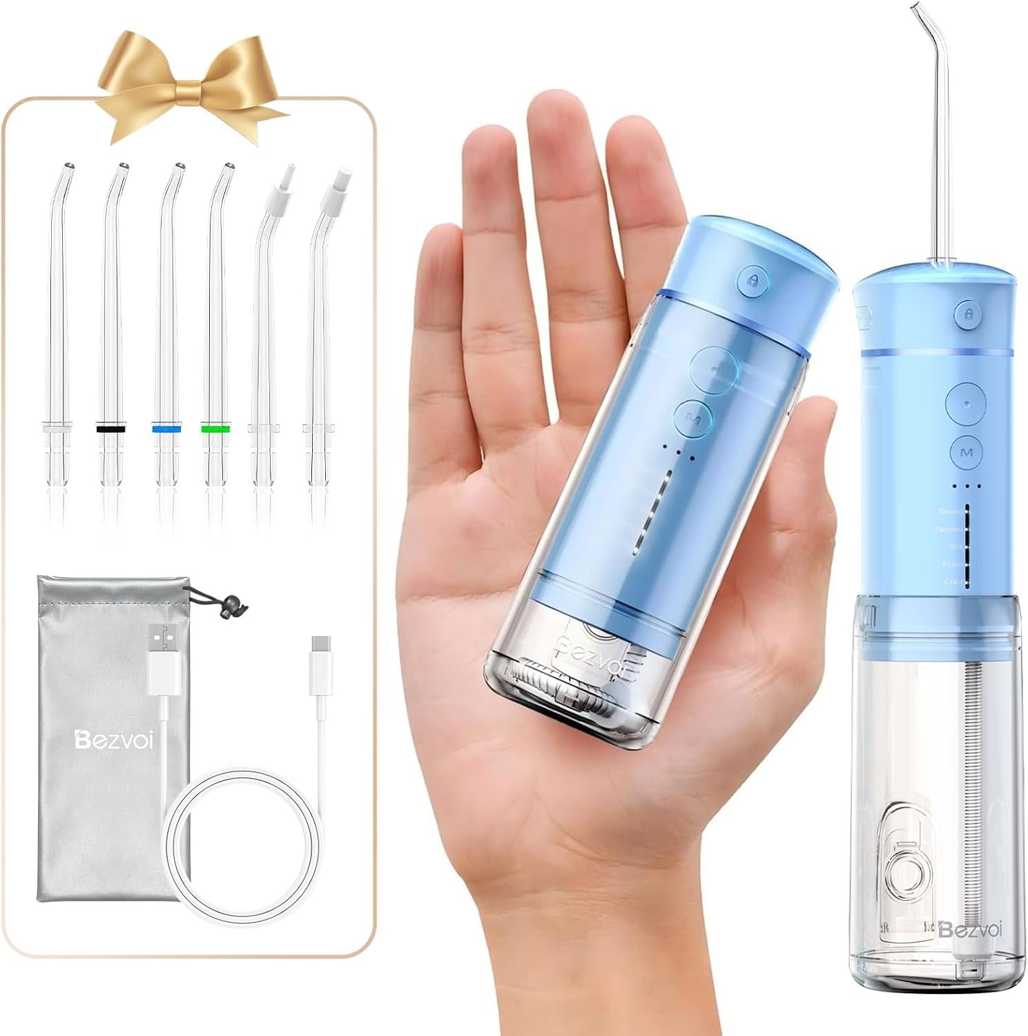 Bezvoi Mini Portable Water Flosser for Travel, 5 Modes Dental Floss, 6 Tips