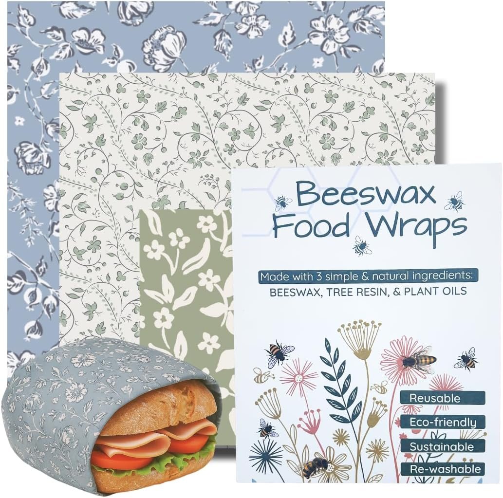 Beeswax Food Wraps 3 Pack (S, M, L) | Reusable, Organic, Plastic-Free Storage (White, Blue, Green – Beige Packaging)