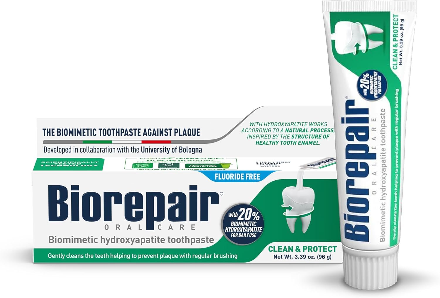 BIOREPAIR Clean & Protect – 20% Hydroxyapatite Toothpaste for Daily Use, Fluoride Free – Helps Prevents Plaque and Tartar Formation, Oral Care for Adults and Kids, 3.39 Oz, Made in Italy