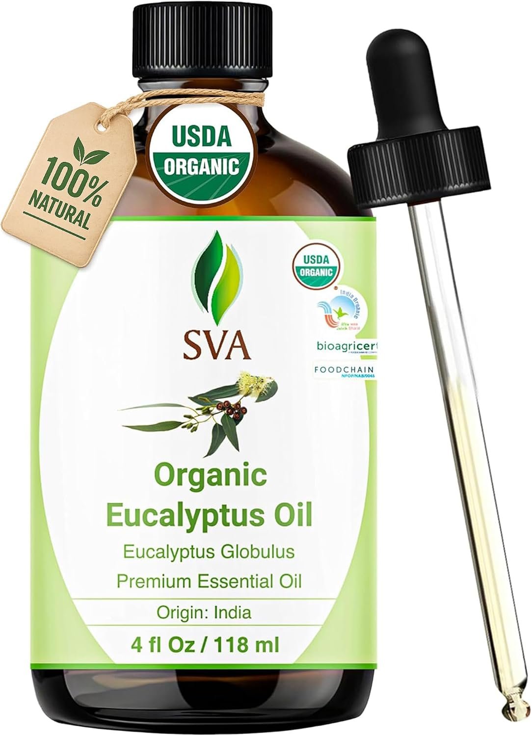 SVA Organic Eucalyptus Essential Oil with Dropper, 4 Fl Oz (118 mL)