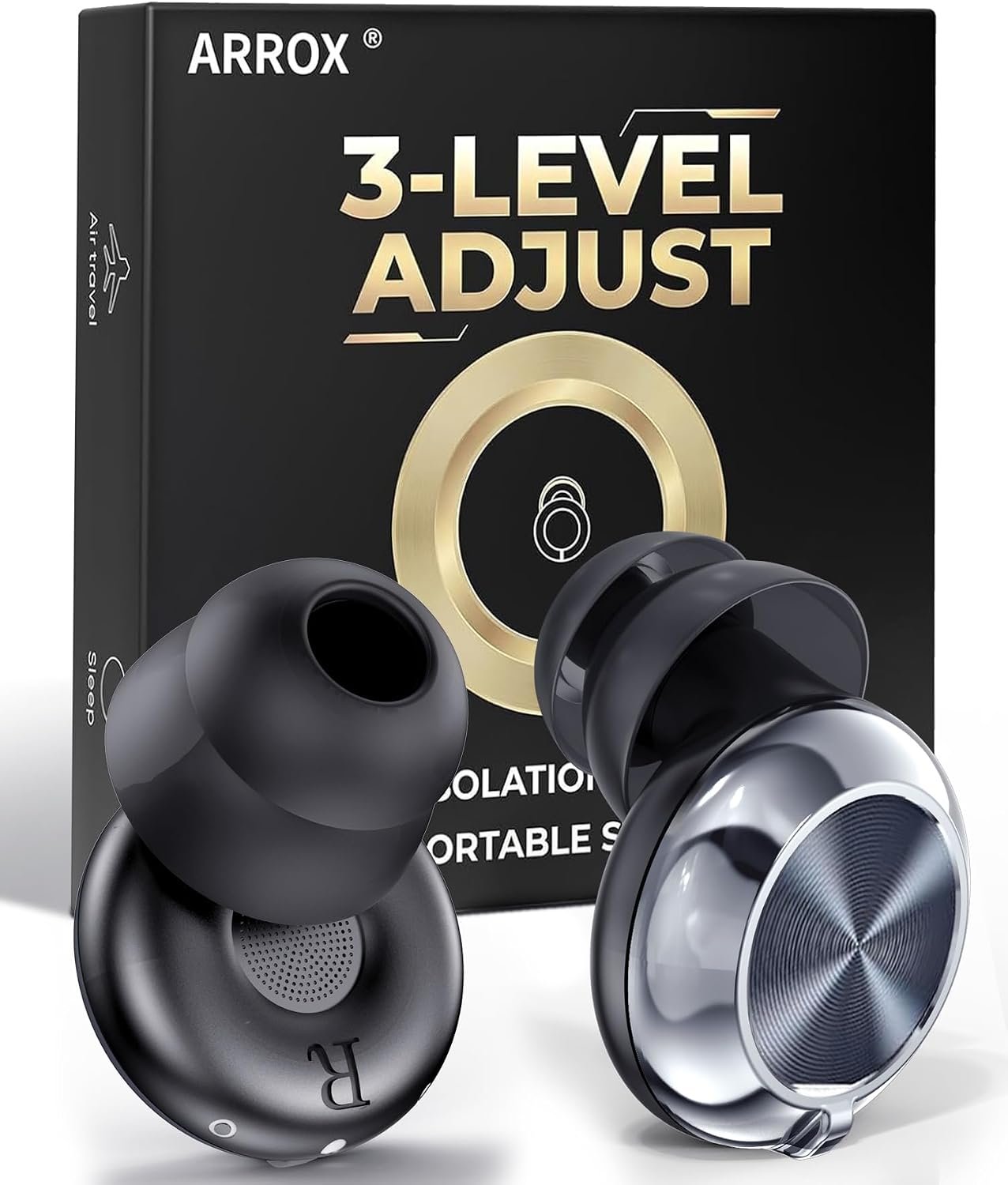 ARROX Adjustable Ear Plugs for Sleeping, 3 Noise Relief Modes (13-45 dB), Double-Layer Ultra-Soft Silicone Earplugs, Reusable Ear plugs for Concerts, Deep Focus, Side Sleepers & Travel, 4 Size Eartips