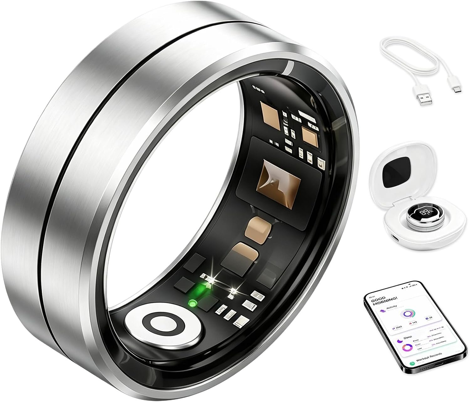 Fvtga Smart Ring for Women Men, Health Tracker Ring with Charging Case, Sleep Fitness Activity Tracker, Heart Rate SpO2 HRV Stress Monitor, IP68 Waterproof, No Subscription, iOS Android, Silver 8