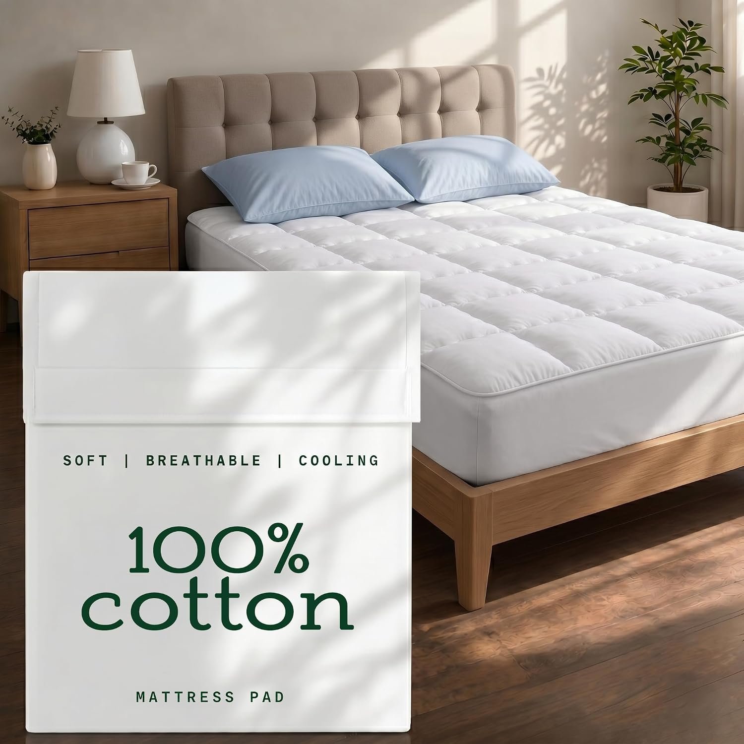 Niagara Cotton Mattress Pad Queen 60×80 – Non Noisy Cooling Breathable Ultra Plush Absorbent Protector Extra Deep Fits 20 Inches Deep Mattress