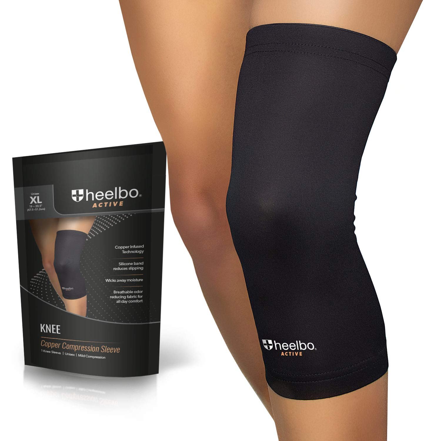 Heelbo Knee Compression Sleeve with Copper Infused Fibers and Breathable Fabric for Knee Pain Relief, Support, Sore Muscles and Joints for Running, Jogging, Hiking or Arthritis, Black, Extra Large