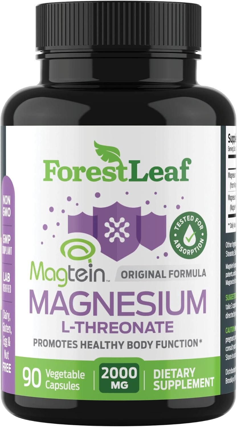Forest Leaf Magnesium L-Threonate Magtein Capsules – 2000mg Magnesium Threonate Supplement Supports Cognitive Function, Focus, Brain, Deep Calm and Sleep for Men & Women | 90 Powder Veg Caps