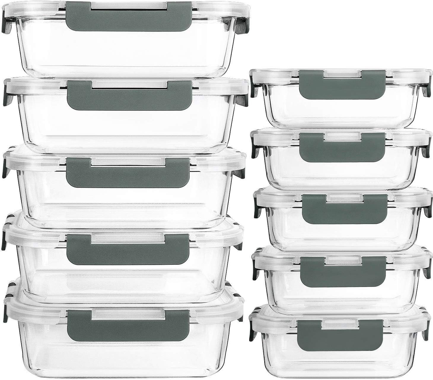 M MCIRCO 10 Pack Glass Food Storage Containers with Lids, Gray
