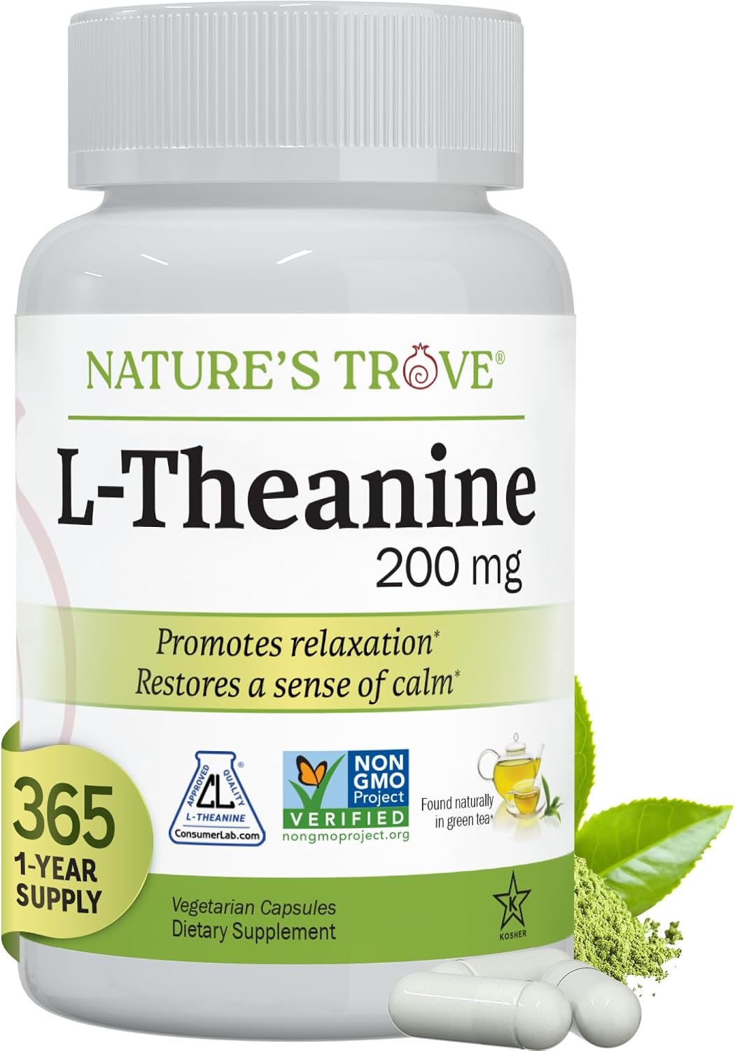 Nature’s Trove L-Theanine 200mg Super Value Size – 365 Vegetarian Capsules