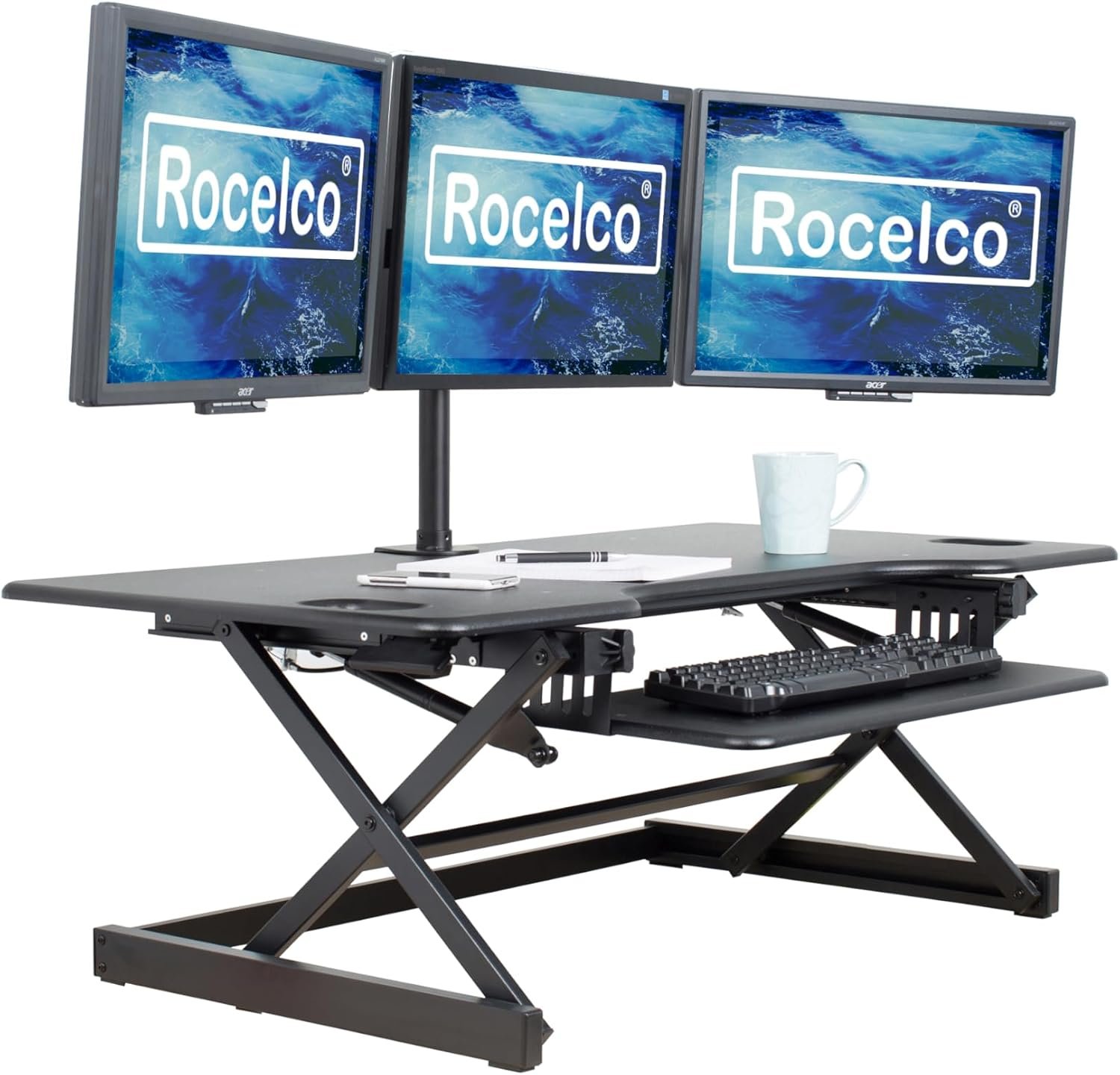 Rocelco 46″ Large Height Adjustable Standing Desk Converter – Quick Sit Stand Up Triple Monitor Riser – Tall Gas Spring Assist Computer Workstation – Retractable Keyboard Tray – Black (R DADRB-46)