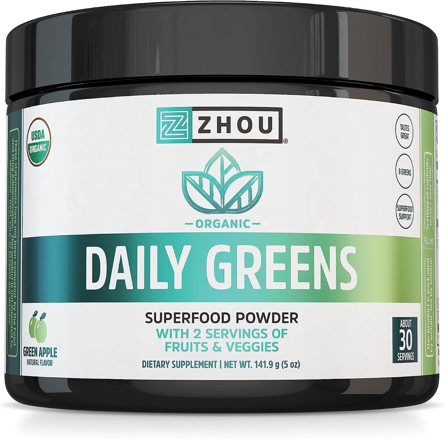 Zhou Organic Daily Greens Powder – Green Apple Flavor, 5 oz (30 Servings)