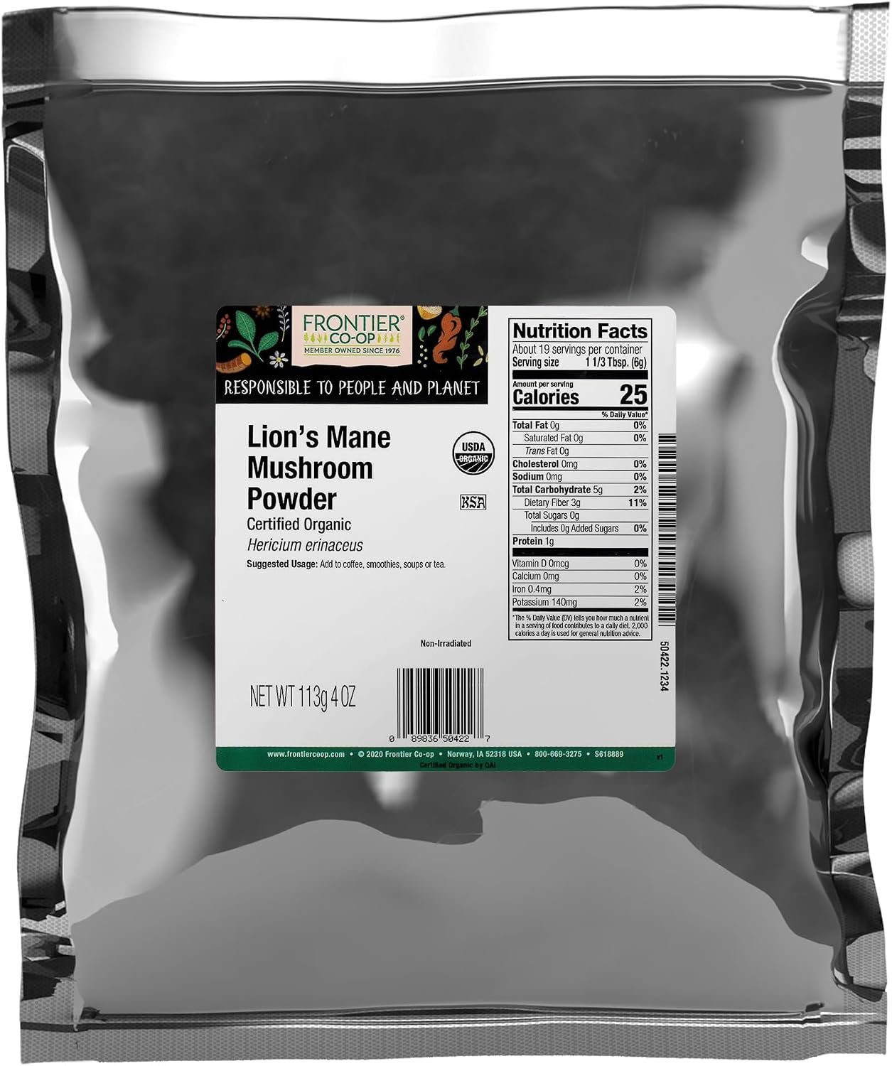 Frontier Co-op Premium Organic Lion’s Mane Mushroom Powder – Natural Adaptogenic Functional Mushroom Powder for Coffee, Tea, Smoothies | 4 Ounce (Pack of 1)