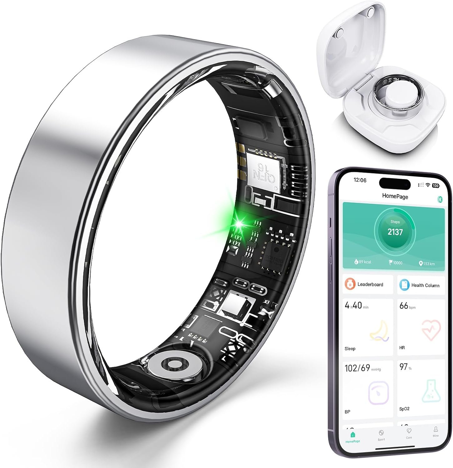 Smart Ring with Sleep Monitoring, Step Counting, Heart Rate, Blood Oxygen for iOS and Android, No Subscription Fee, IP68 Waterproof Health Tracker (Silver, 8)