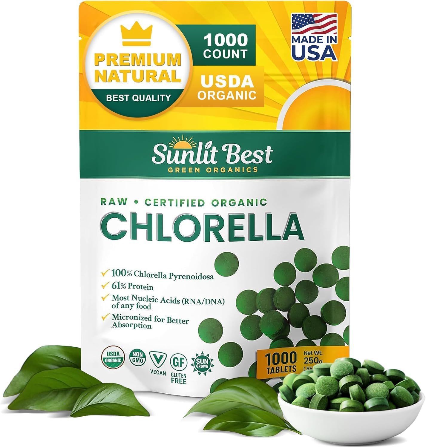 Sunlit Best Organic Chlorella Tablets Pure Natural Superfood Pills 1000 CT