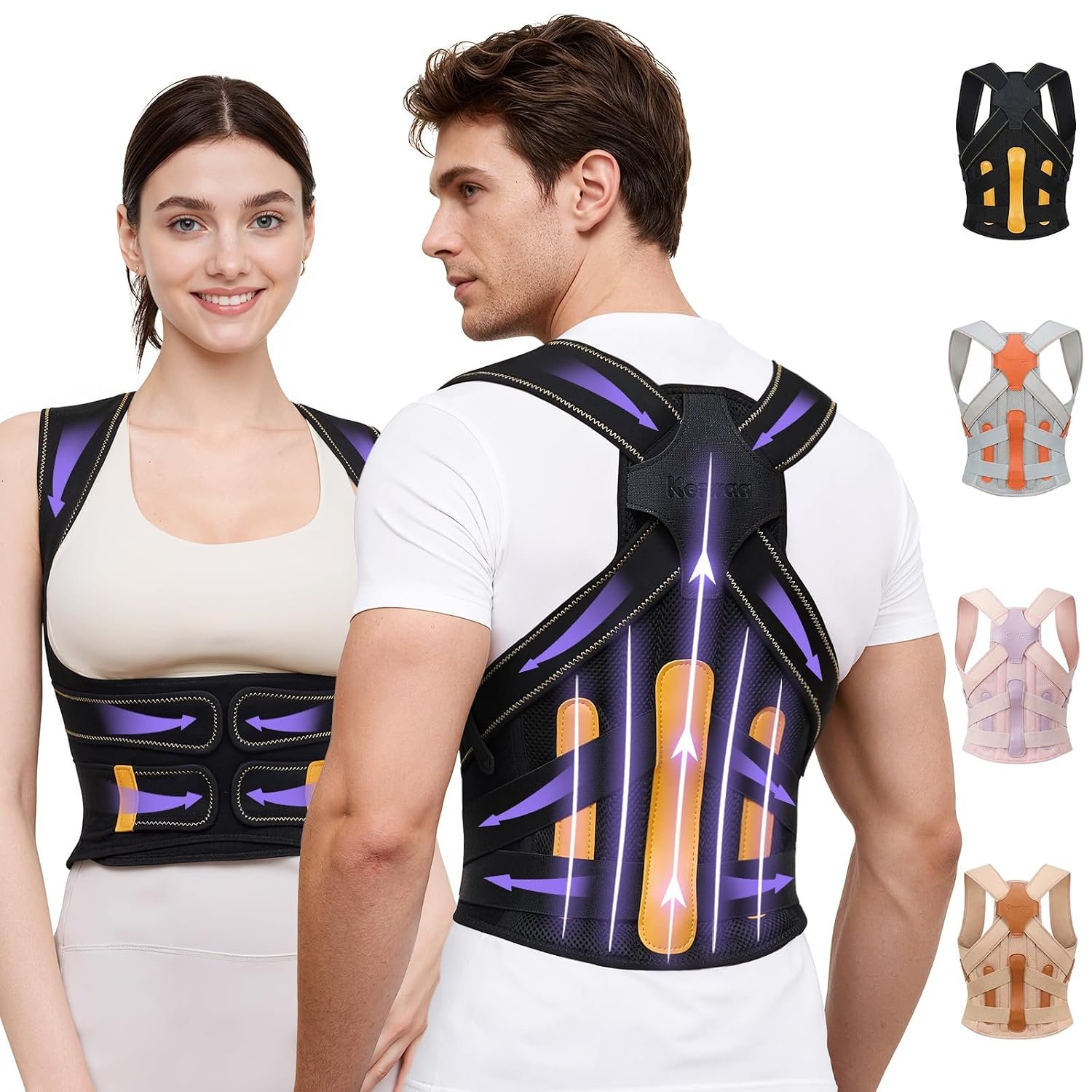 Kepwaa Posture Corrector for Women and Men, 5 Full Back Support Brace Rods, Adjustable Shoulder Straightener, Relief for Upper and Lower Back, Neck, Lumbar, Scoliosis, Hump, Black Yellow, Medium