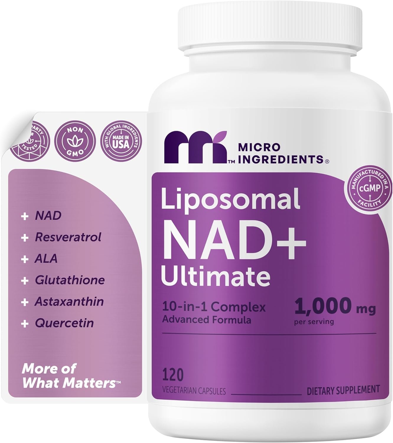 Micro Ingredients Liposomal NAD+ Ultimate Complex 1,000mg | 120 Veggie Capsules | NMN Pathway Formula | 10-in-1 with Resveratrol, Glutathione, & Astaxanthin | NAD Supplement for Women & Men