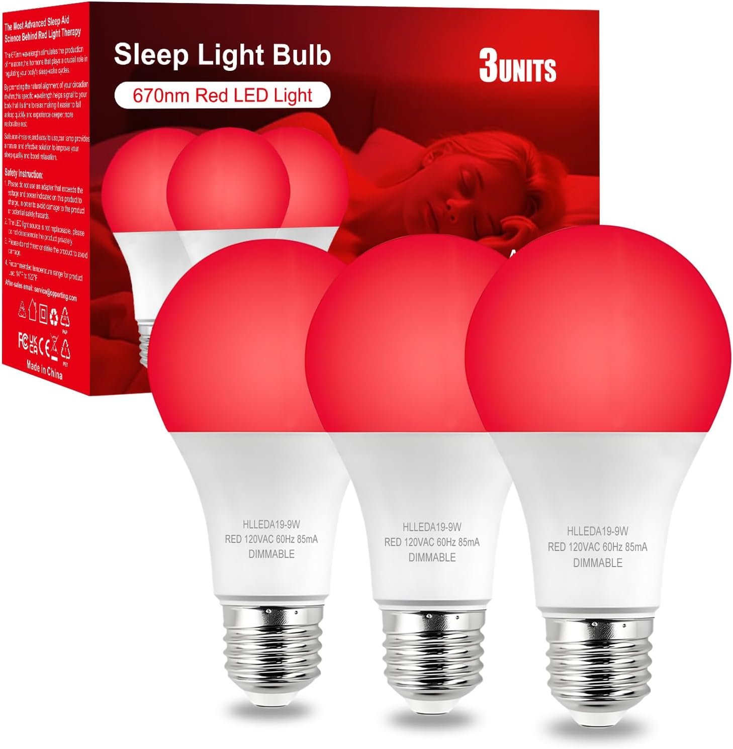 Verbeeck 670nm Red Light Bulb,9W E26 A19 Red Light Sleep Therapy Bulb,Dimmable,Melatonin Promoting,Healthy Sleep Light,Night Light for Bedroom,Baby Nursery,Reading,3 Pack