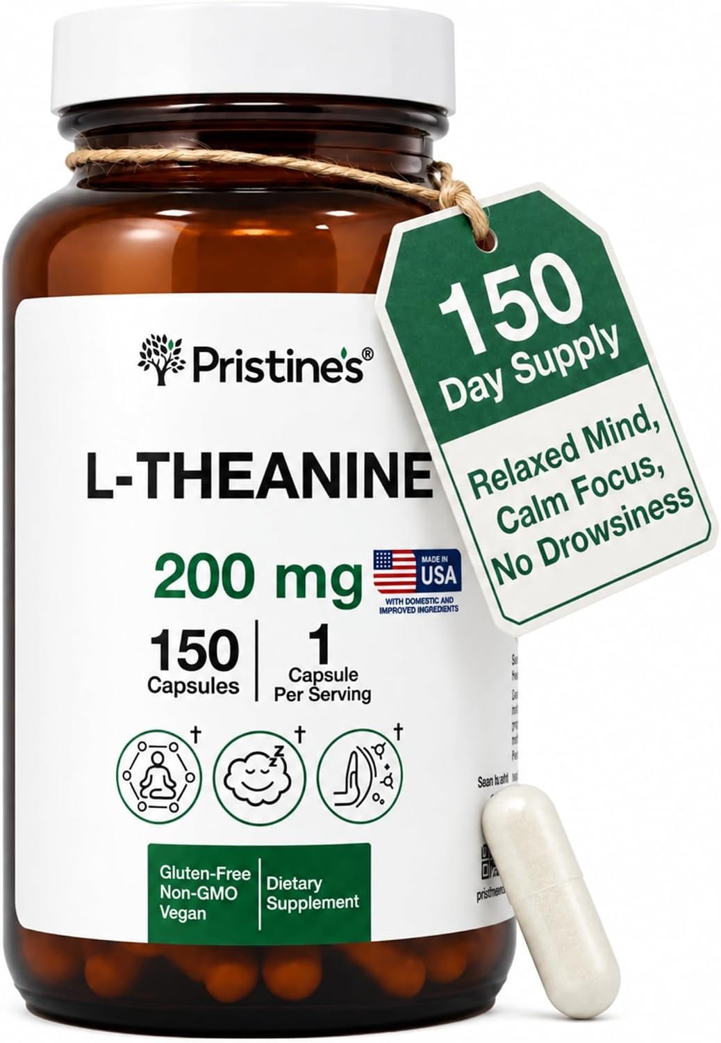 PRISTINE’S L-Theanine 200mg Capsules, Sleep & Calm Focus Support, 150 Count