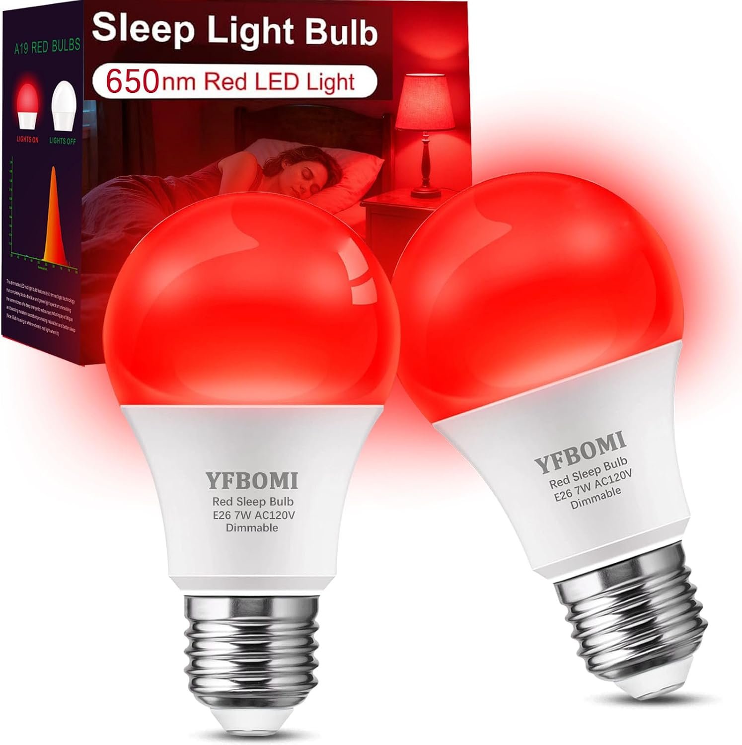 650nm Red Sleep Light Bulb Dimmable, 100% Blue Light Blocking Red Night Light Melatonin-Boosting Sleep Bulb 7W 130 Lumens A19 E26 Dim Bulb,Ideal for Bedroom Sleep, Holiday Decorations 2Packs