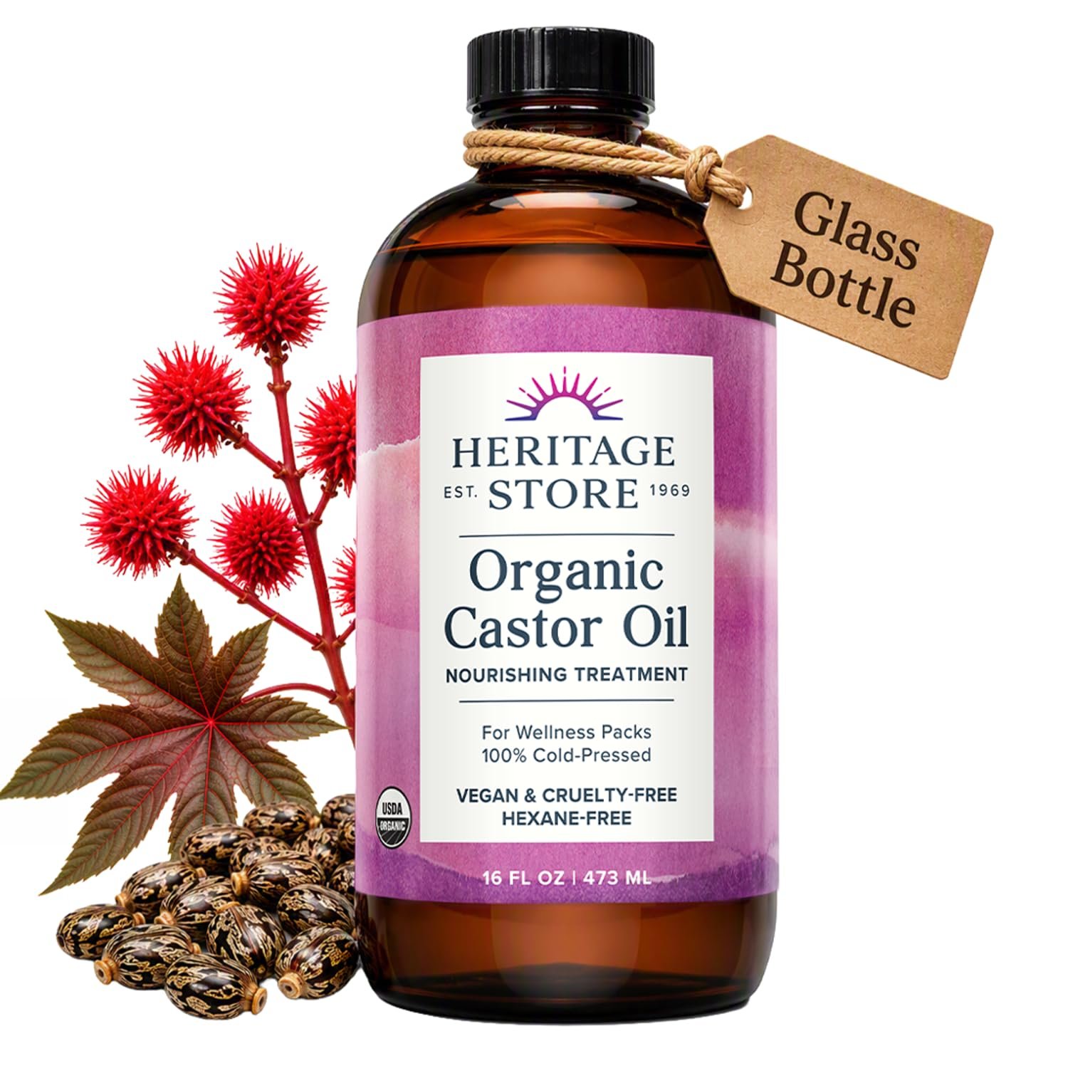 HERITAGE STORE USDA Organic Castor Oil, Cold Pressed, 16 fl oz